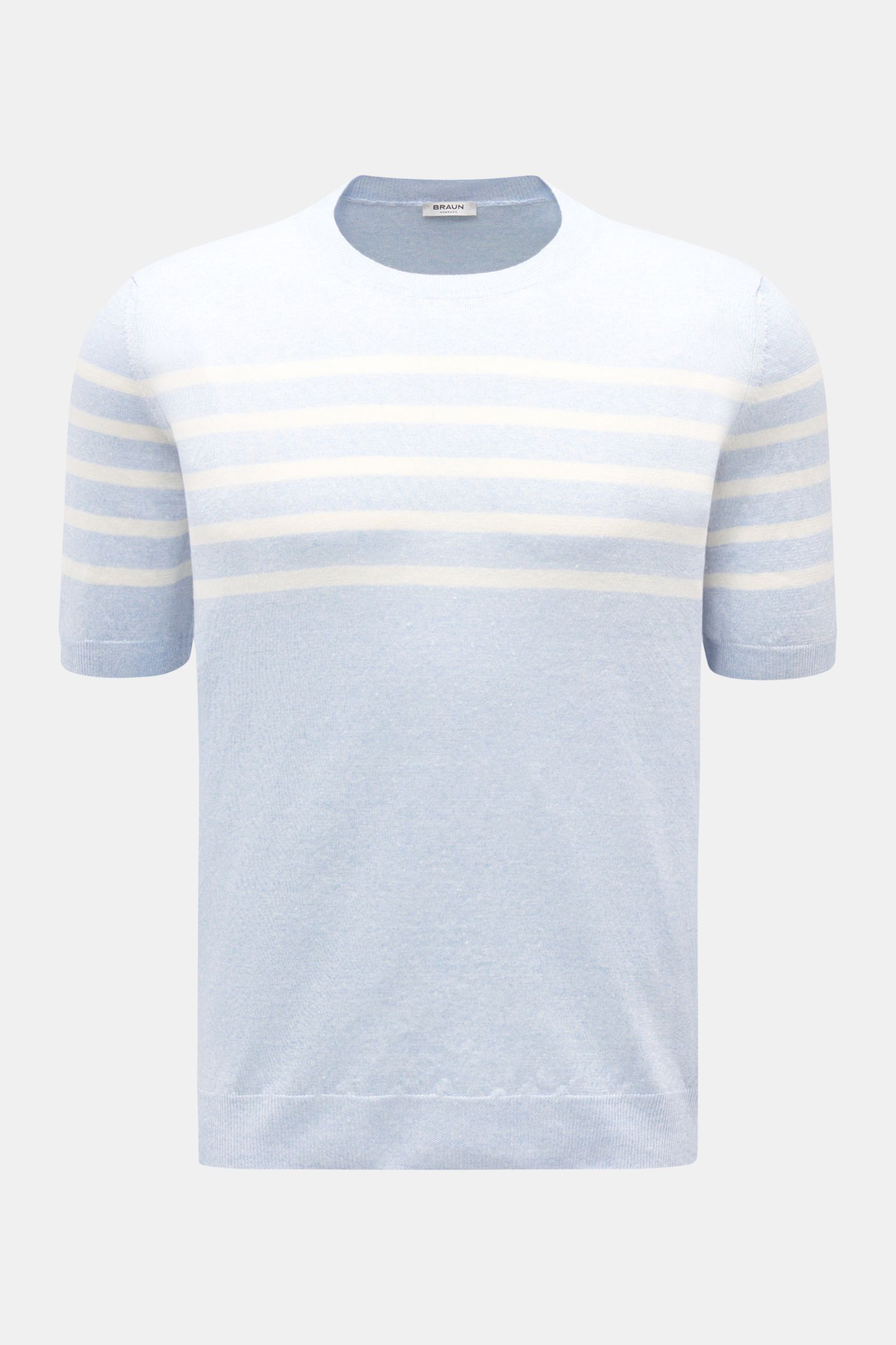 Gran Sasso Kurzarmpullover hellblau/offwhite gestreift, frontal fotografiert, aus Leinen-Baumwoll-Mix mit Rundhalsausschnitt, weichem Griff und feinem Strickbild.