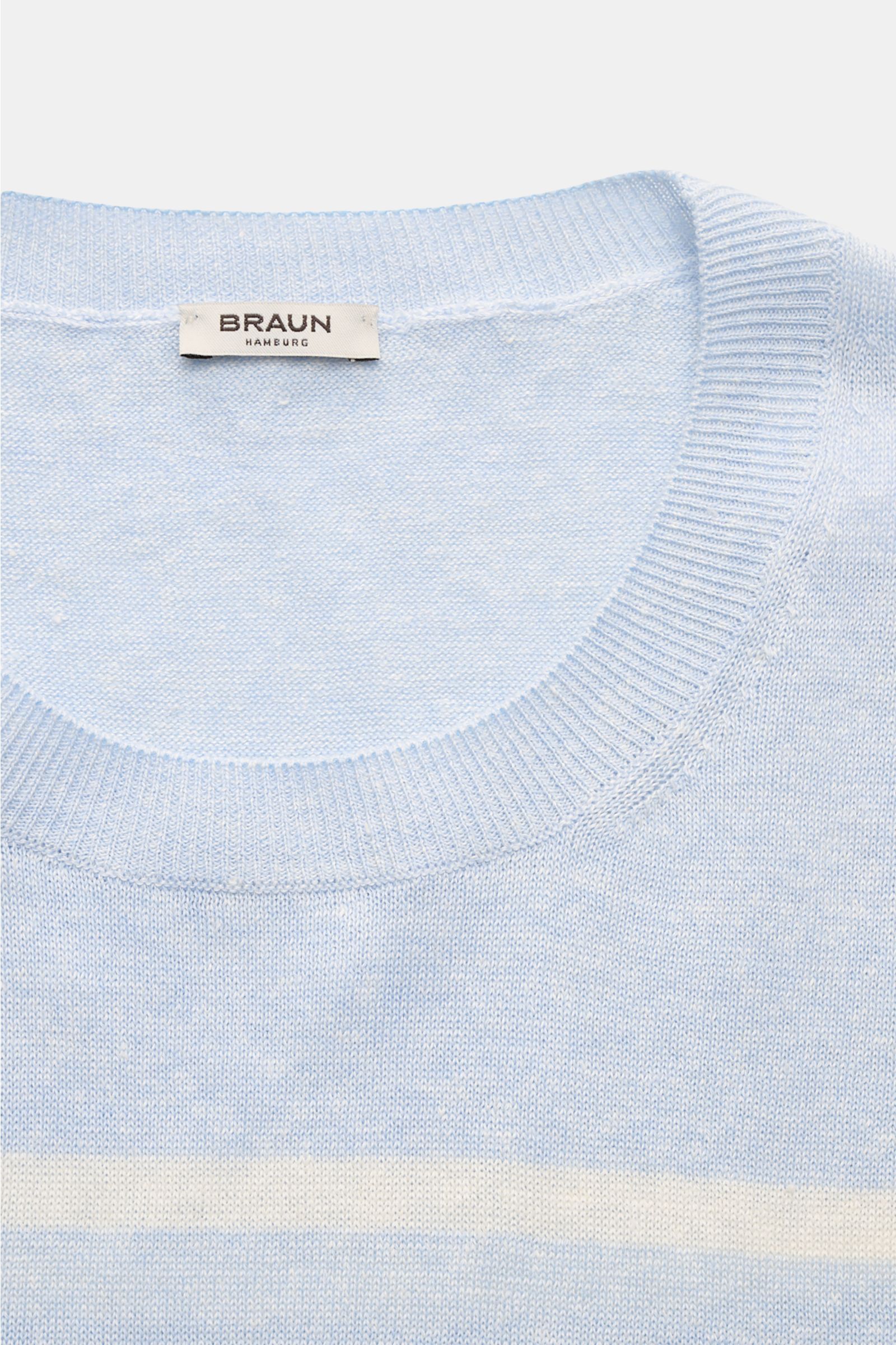 Gran Sasso Kurzarmpullover hellblau/offwhite gestreift, Nahaufnahme von oben, Leinen-Baumwoll-Mix, weicher Griff, Rundhalsausschnitt, feines Strickbild, Rippbündchen, Regular Fit.