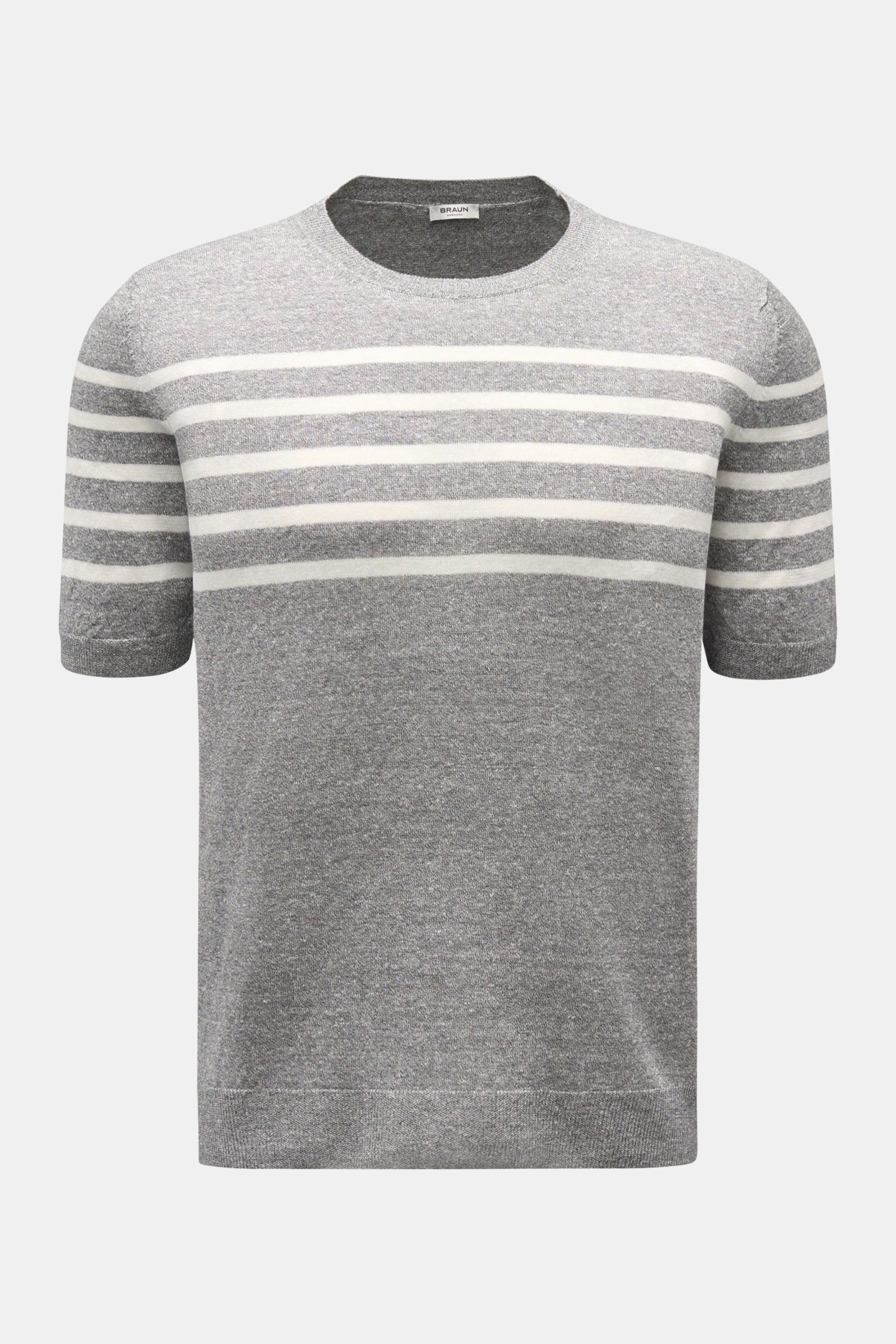 Gran Sasso Kurzarmpullover grau/offwhite gestreift, Frontansicht, Leinen-Baumwoll-Mix, weicher Griff, Rundhalsausschnitt, flexible Rippbündchen, Regular Fit.