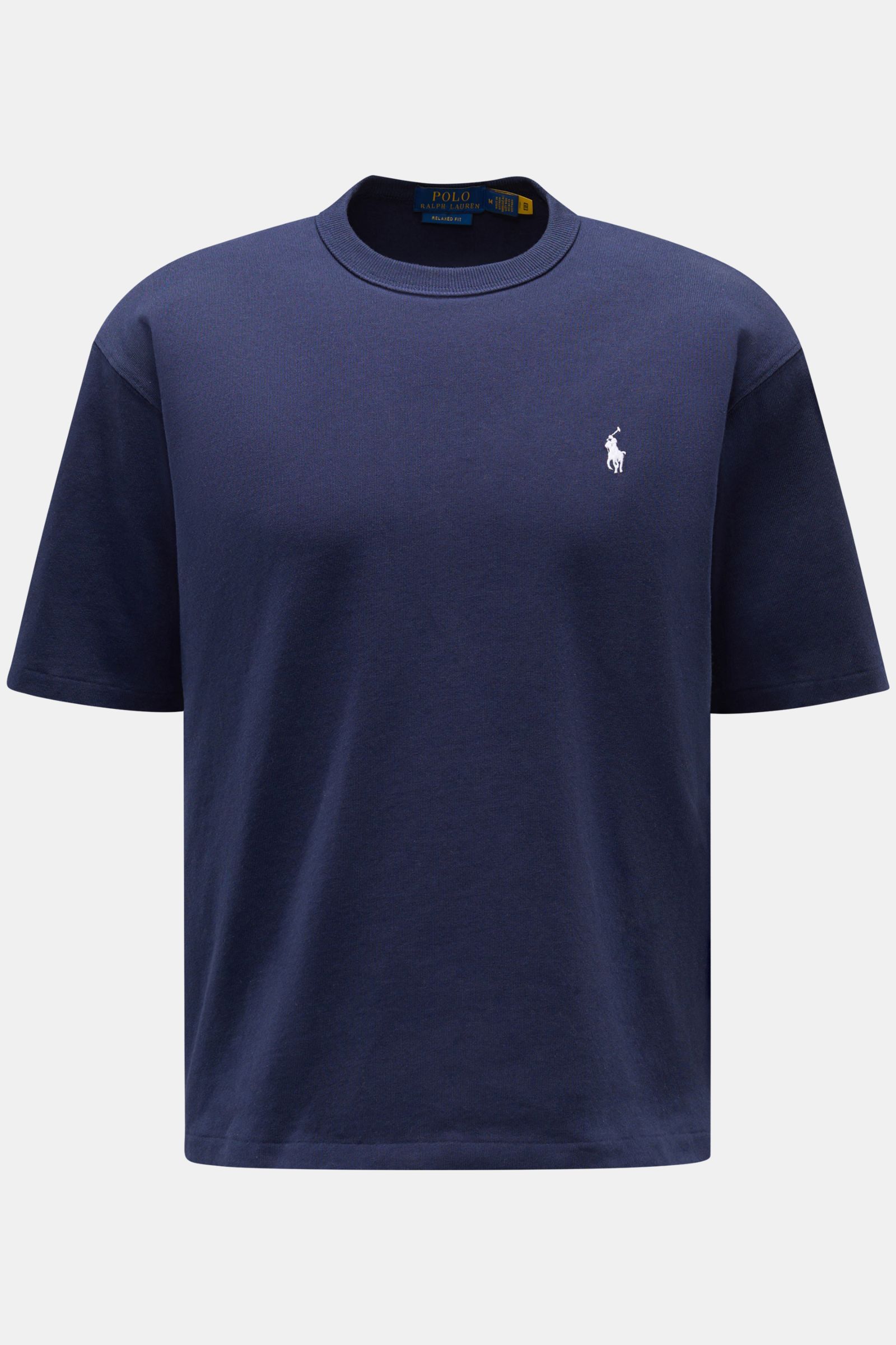 Polo Ralph Lauren Rundhals-T-Shirt navy, frontale Ansicht, Regular Fit, reine Baumwolle, Rundhalsausschnitt, Logo-Stitching auf Brust und Rücken, schwere Qualität.
