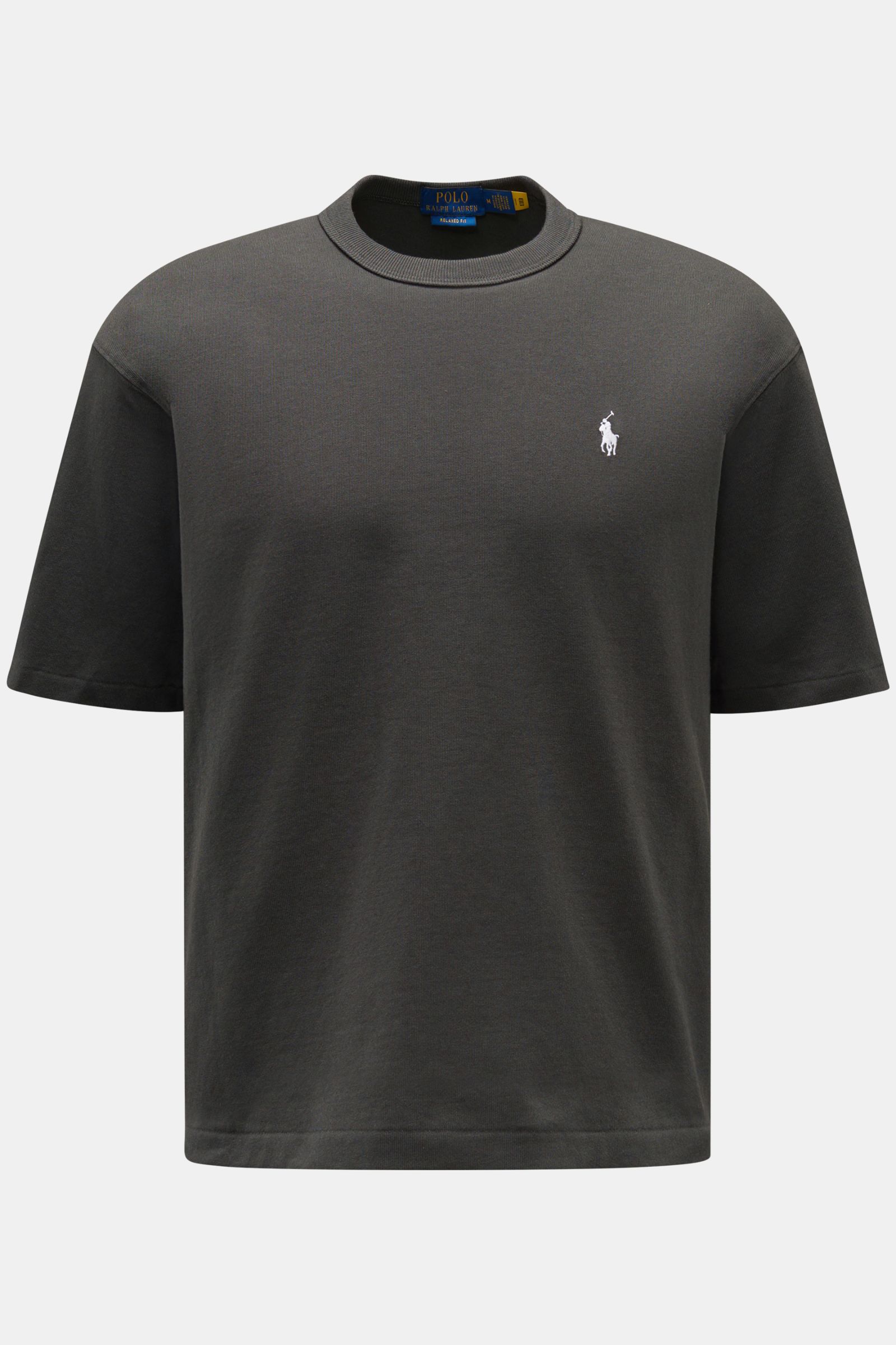 Polo Ralph Lauren Rundhals-T-Shirt dunkelgrau, frontale Nahaufnahme, reine Baumwolle, Regular Fit, Rundhalsausschnitt, Logo-Stitching auf Brust, Rückseiten-Label, schwere Qualität, zeitloser Klassiker für warme Tage.