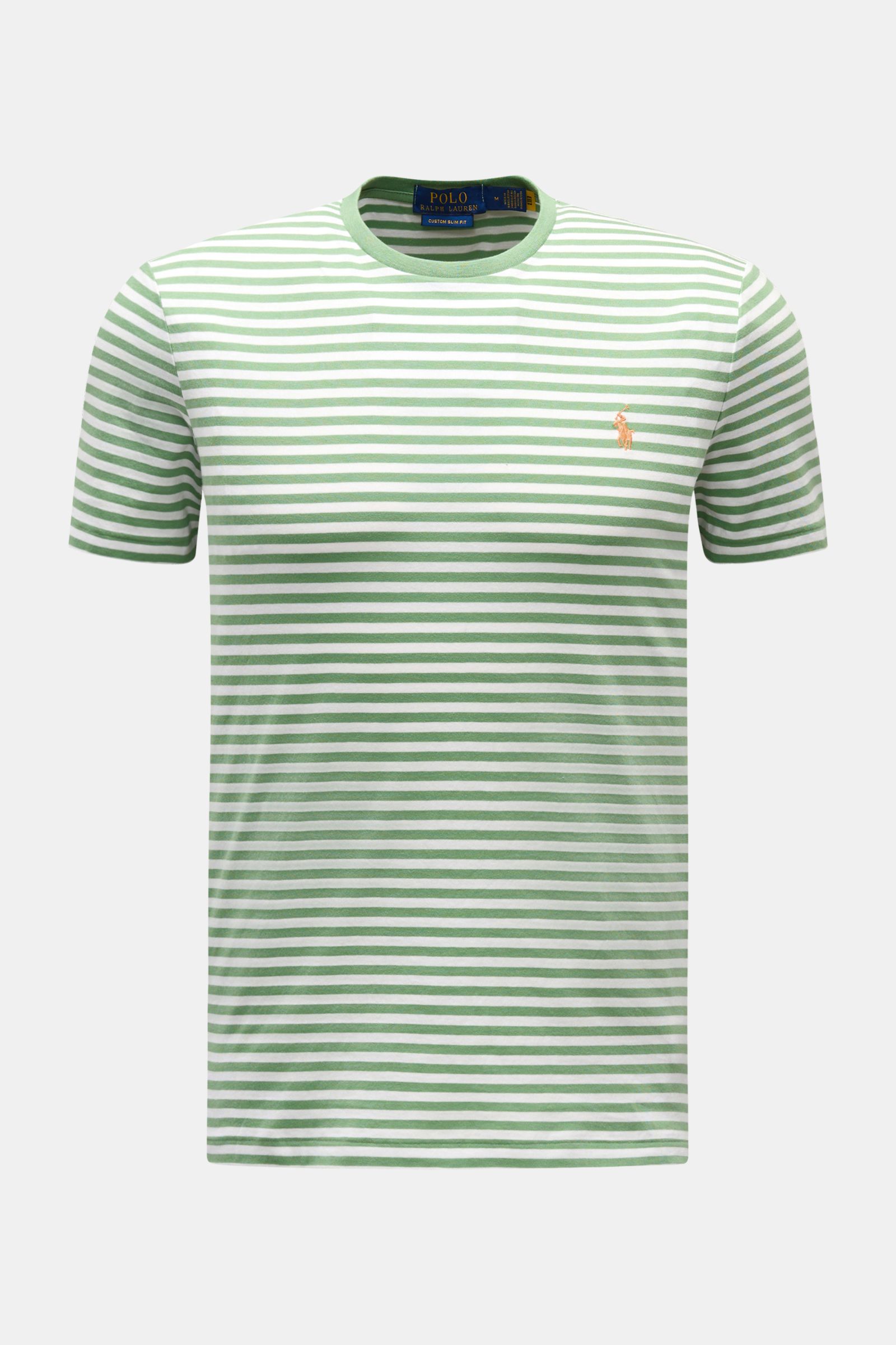 Polo Ralph Lauren Rundhals-T-Shirt grünweiß gestreift, frontale Ansicht, Baumwoll-Jersey, Slim Fit, klassisches maritimes Streifenmuster, Logo-Stitching Brust.