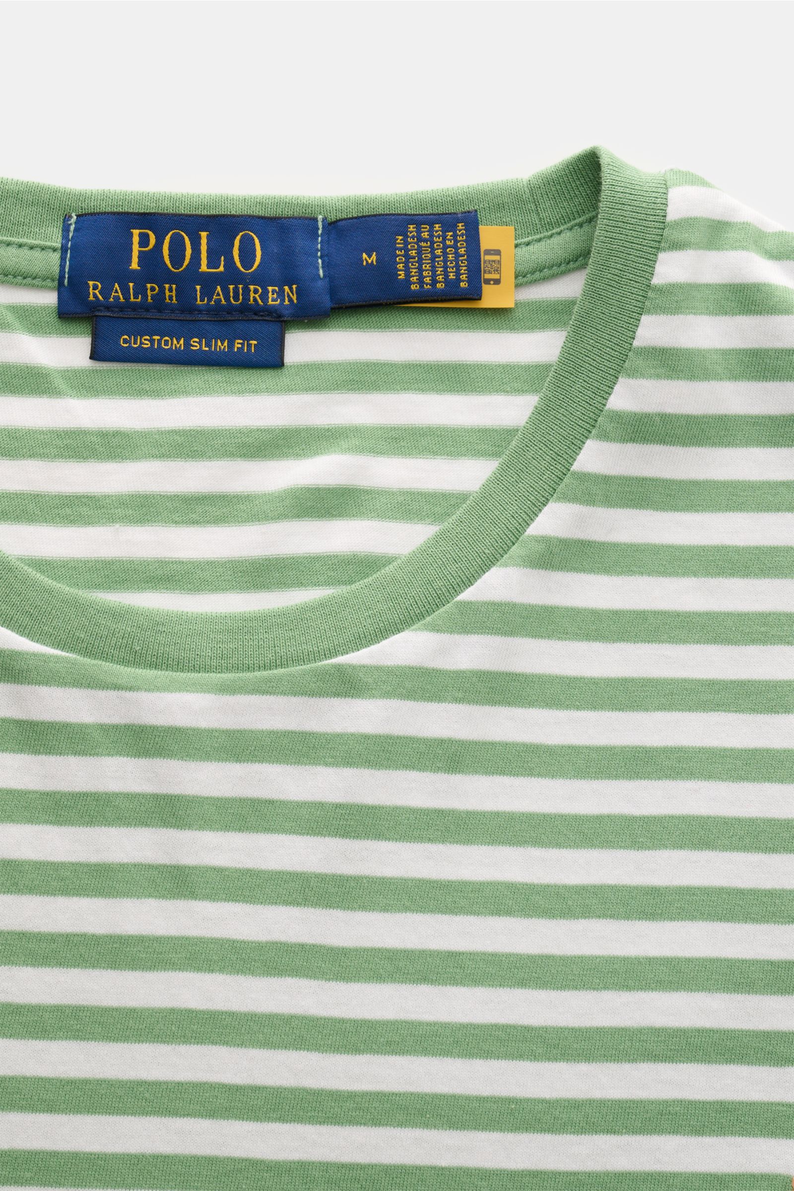 Polo Ralph Lauren Rundhals-T-Shirt grünweiß gestreift, Slim Fit, aus reiner Baumwolle, weiche Qualität, klassisches Streifenmuster, Frontansicht mit Logo-Stitching.