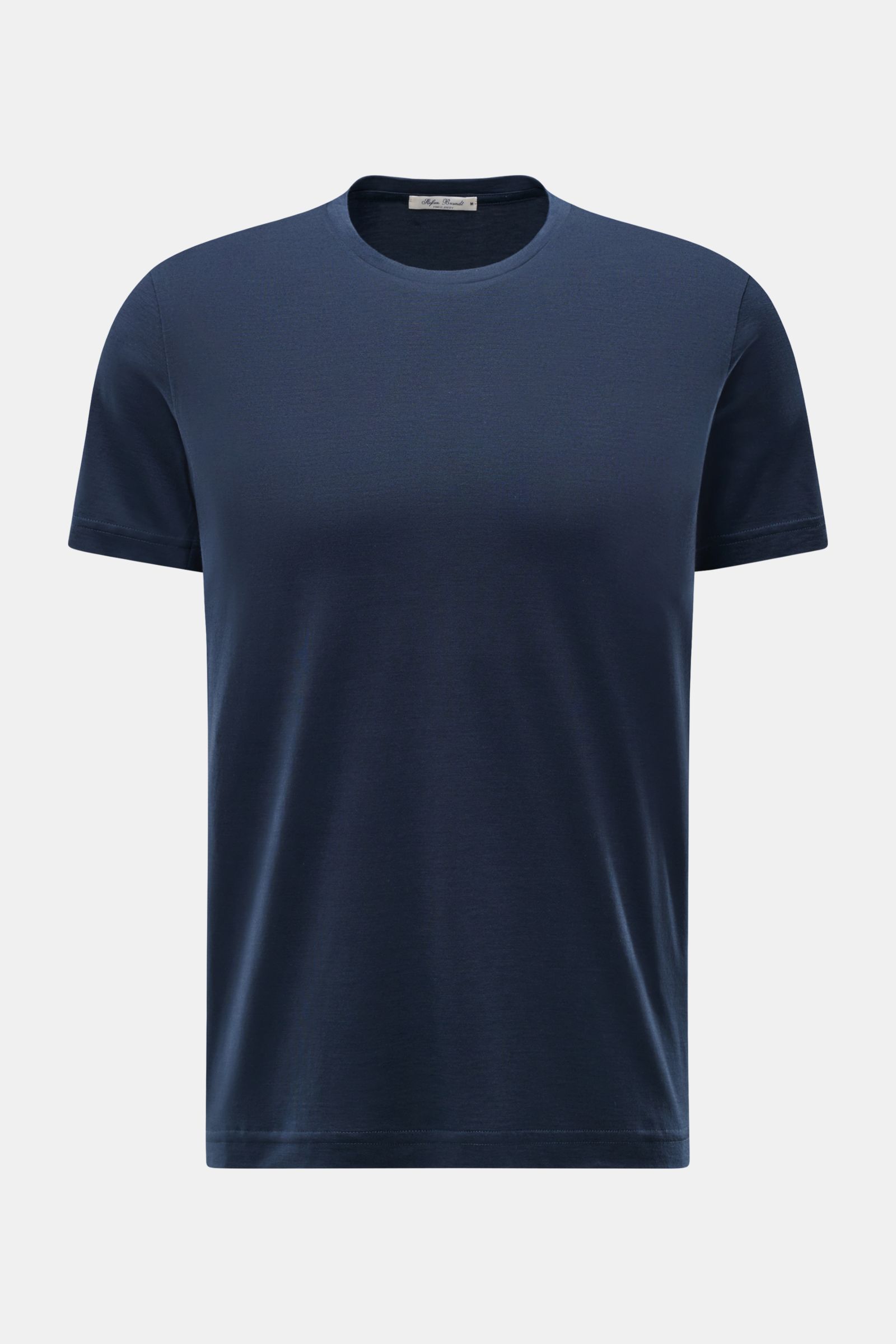 Stefan Brandt Rundhals-T-Shirt 'Enno' navy, Slim Fit, aus weicher Seiden-Baumwollmischung, frontale Nahaufnahme mit Rundhalsausschnitt.