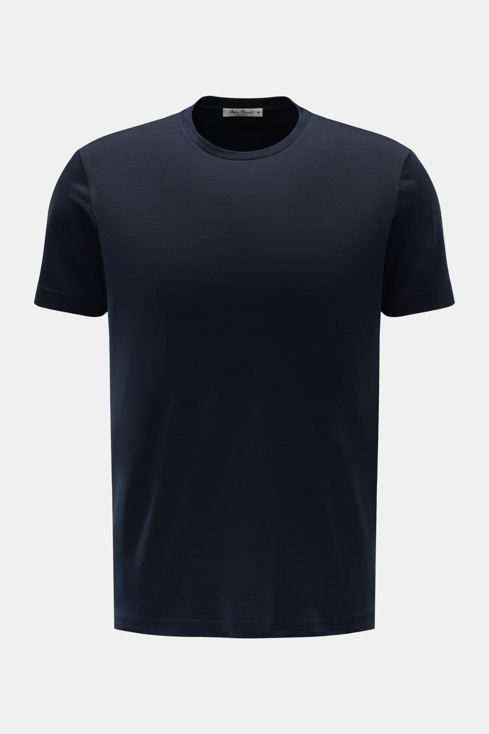 Stefan Brandt Rundhals-T-Shirt 'Enno' dark navy, Slim Fit, seidenweiche Baumwoll-Seidenmischung, feiner Jersey, Frontansicht, handmade.