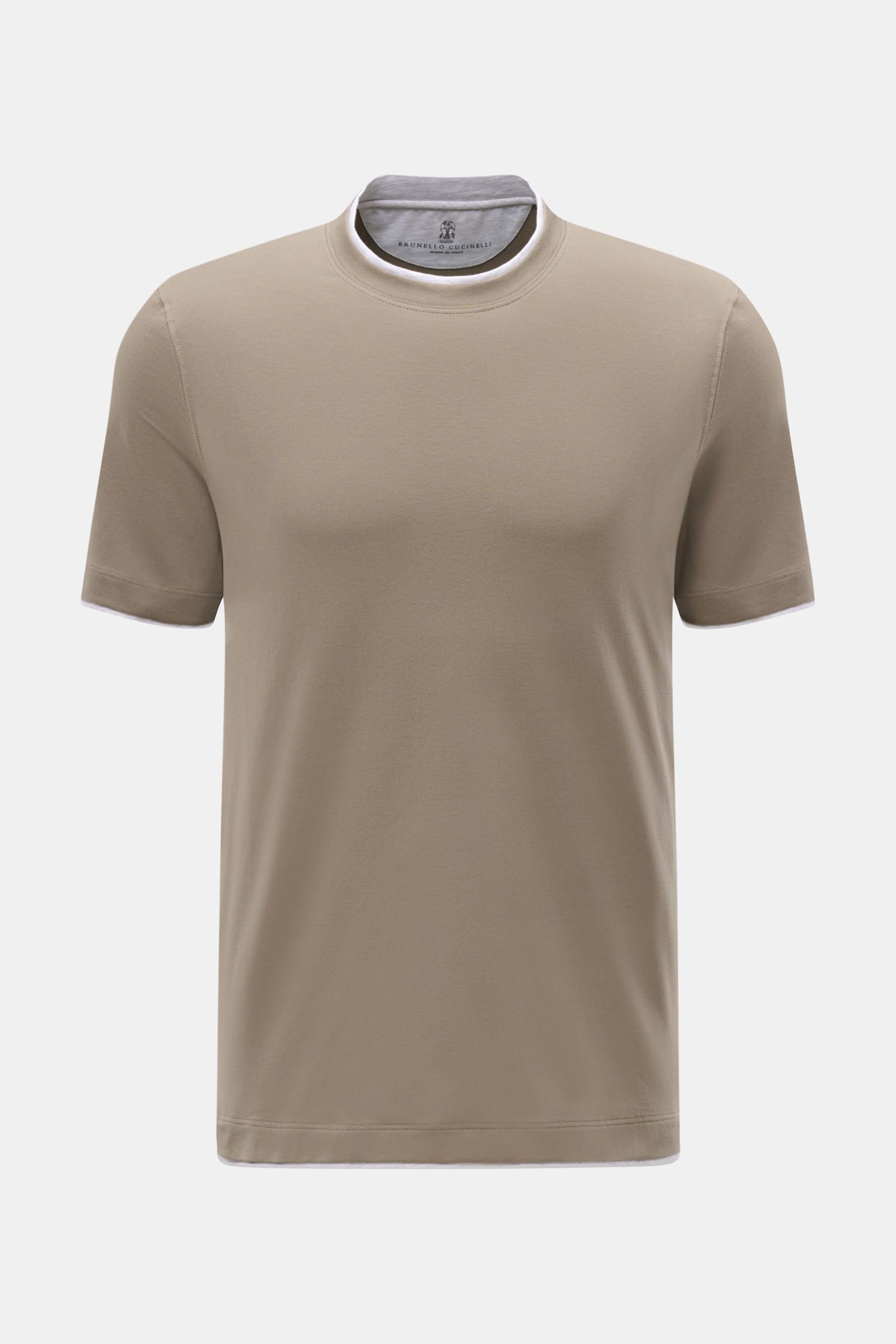 Alt tag (124 characters): Front view of Brunello Cucinelli Rundhals-T-Shirt taupe/grau meliert, slim fit cotton jersey with contrast double hems.

Description:
BRUNELLO CUCINELLI liefert mit diesem legeren T-Shirt aus angenehmer Baumwolle ein unverzich