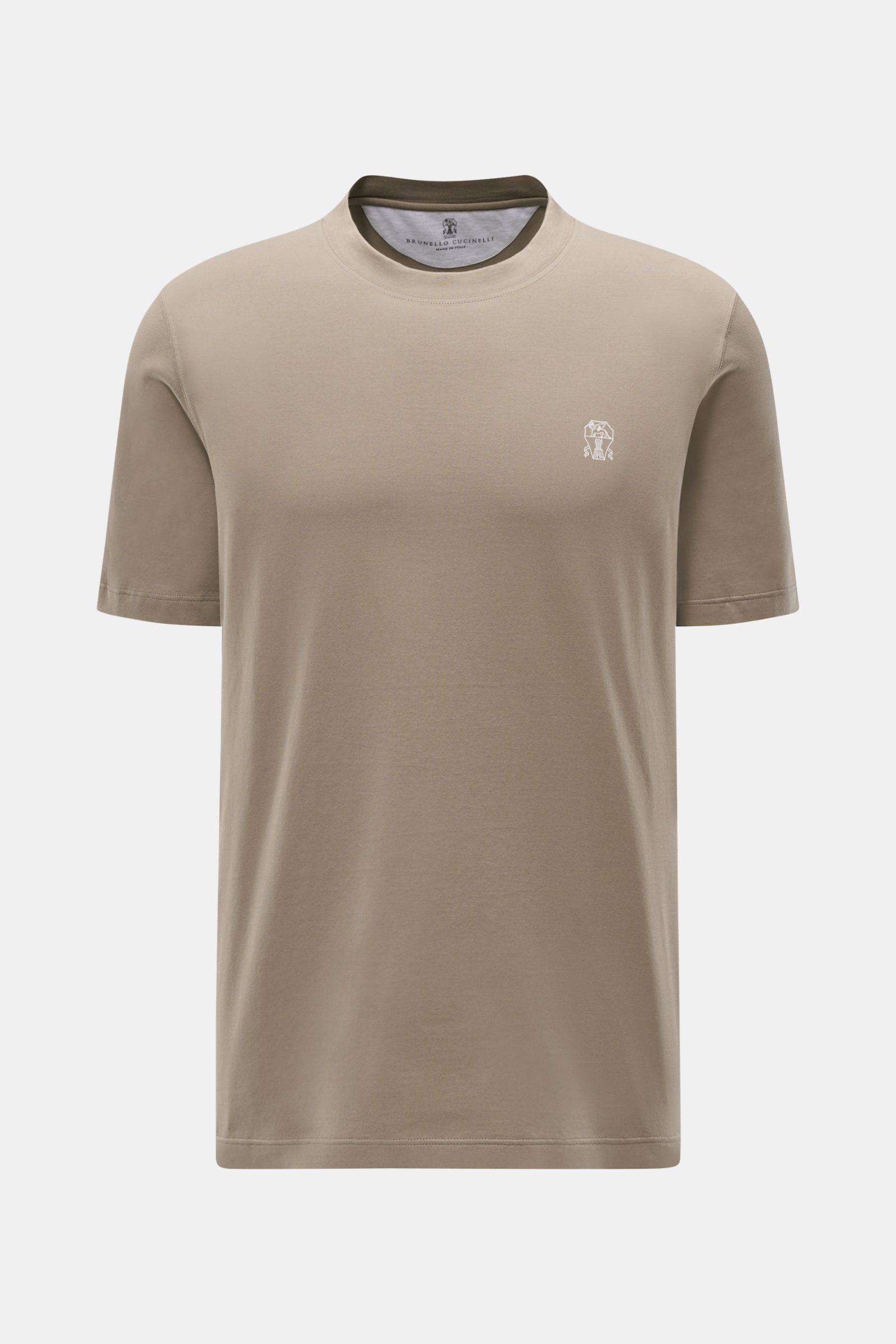 Brunello Cucinelli Rundhals-T-Shirt taupe shown from the front, crafted from pure cotton jersey with soft feel, regular fit, round neckline, chest logo print, and short side slits. 

Luxuriöse Materialqualität und feinste Verarbeitung verleihen dem Run