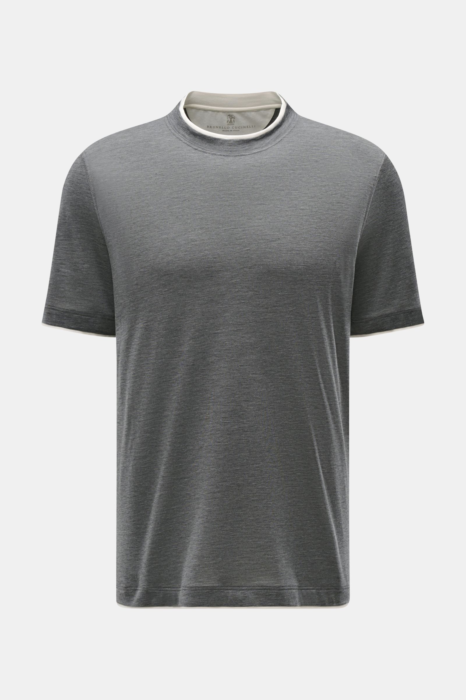 Front view of Brunello Cucinelli Rundhals-T-Shirt dunkelgrau meliert/creme, slim fit with round neck and contrast double hems.

Additional description: 
BRUNELLO CUCINELLI liefert mit diesem legeren T-Shirt aus luxuriöser Seiden-Baumwollmischung ein un