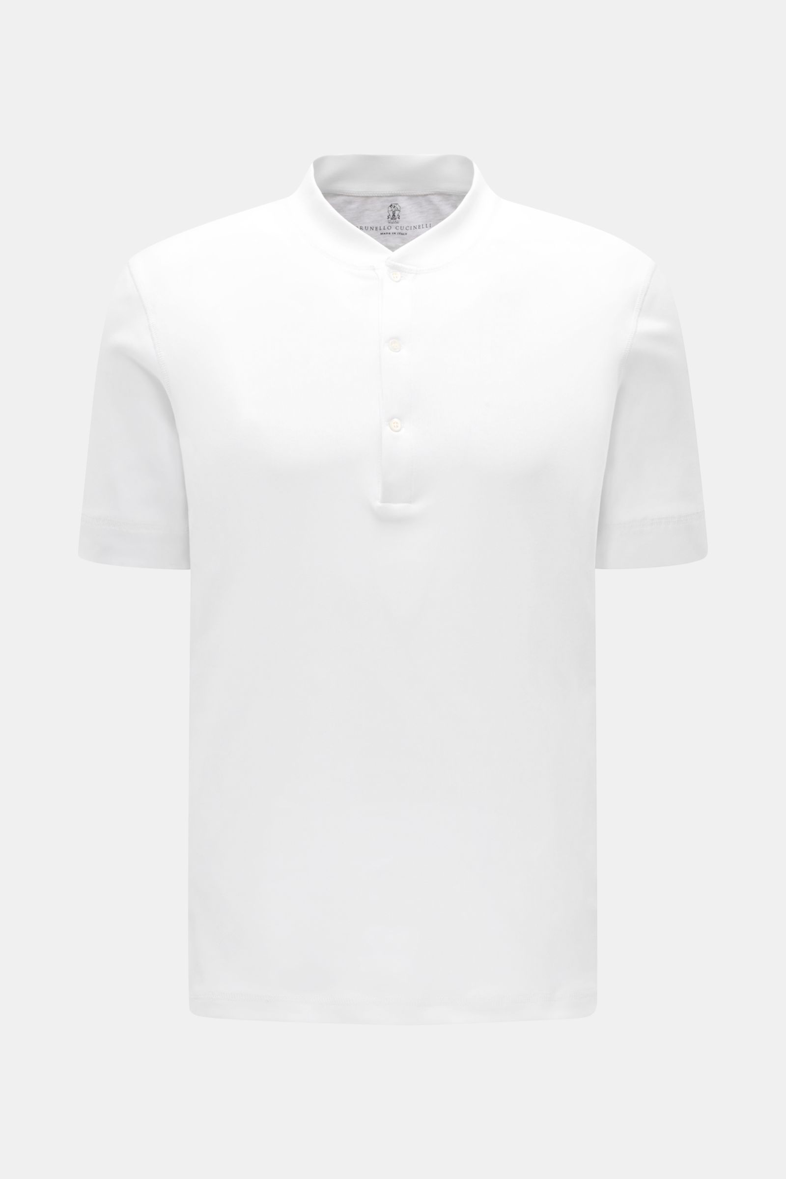 Front view of the Brunello Cucinelli Henley-Shirt weiß, a slim fit, soft-feel Feinripp shirt with a three-button placket and tonal overlock seams.