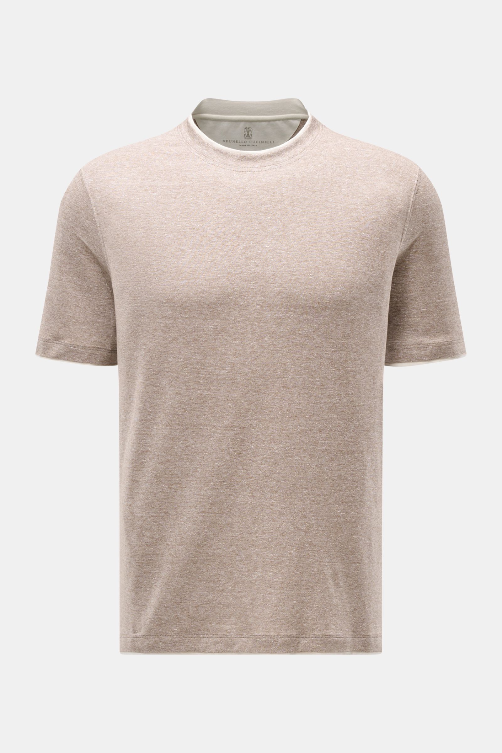 Front view of Brunello Cucinelli Rundhals-T-Shirt taupe meliert/creme in soft linen-cotton blend, regular fit with contrasting double hems.

Description: BRUNELLO CUCINELLI liefert mit diesem komfortablen T-Shirt aus luxuriöser Leinen-Baumwollmischung 