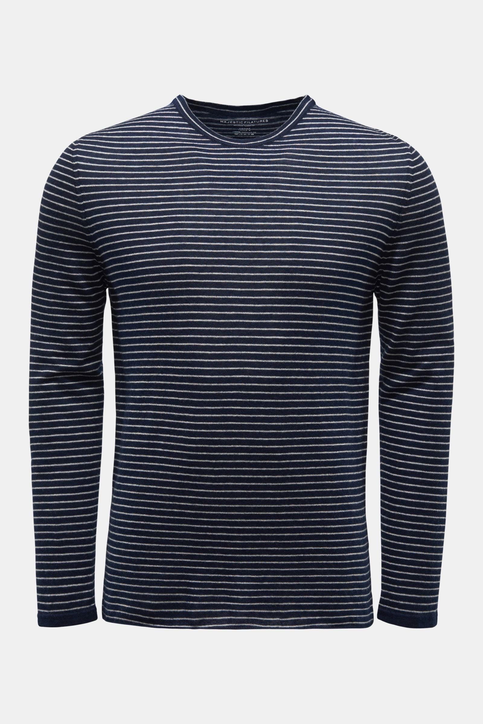 Cashmere fine knit crew neck jumper navy/grey striped