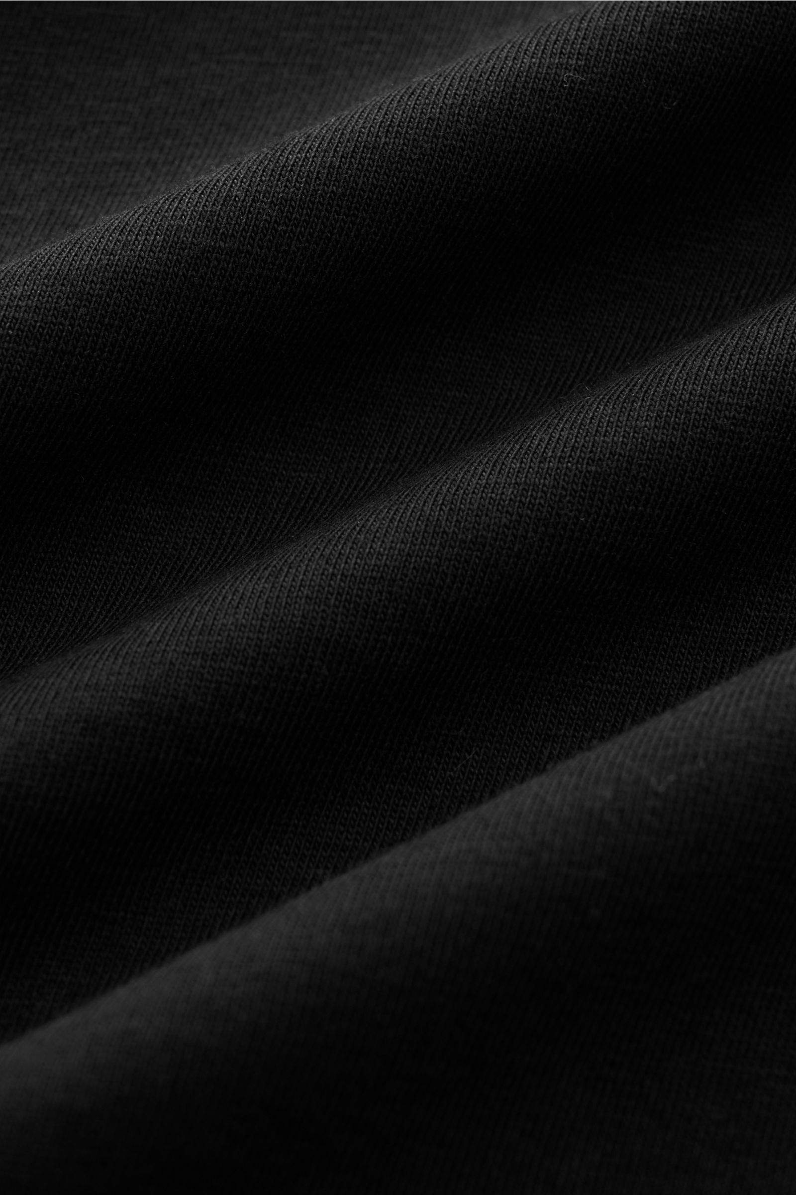 Close-up front view of black fabric texture of 04651/ A trip in a bag Long sleeve black, jersey made of pure cotton, soft feel, regular fit, crew neck, small woven label.