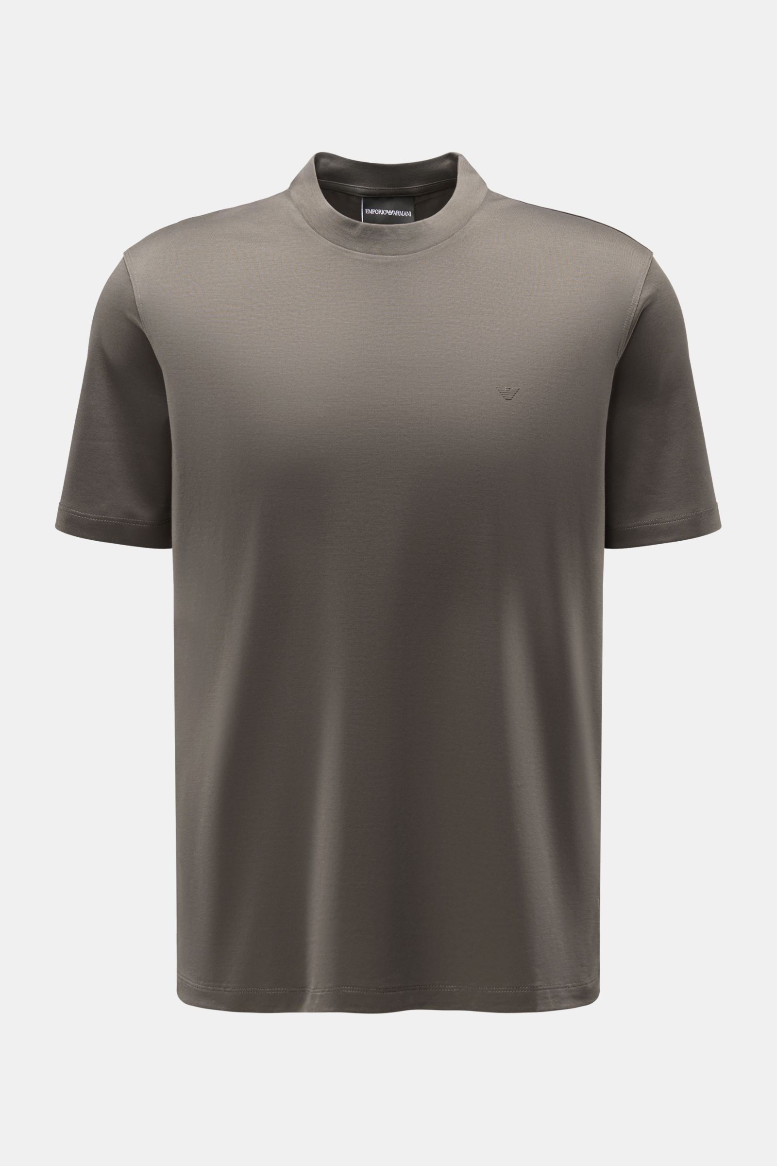 Emporio Armani Rundhals-T-Shirt graubraun, frontal fotografiert, aus Lyocell-Baumwoll-Jersey, Regular Fit, rundem Ausschnitt, kleinem gummiertem Logo vorne und Logo-Patch am Saum.