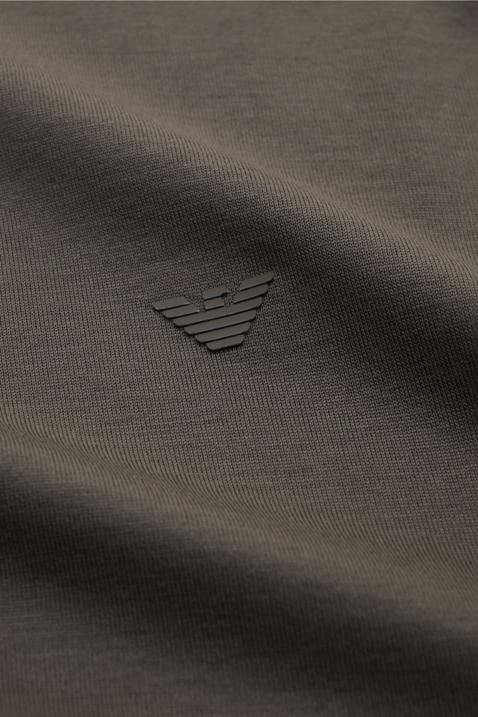 Emporio Armani Rundhals-T-Shirt graubraun in Nahaufnahme, glatte Lyocell-Baumwoll-Mischung mit gummiertem Logo und feiner Struktur.