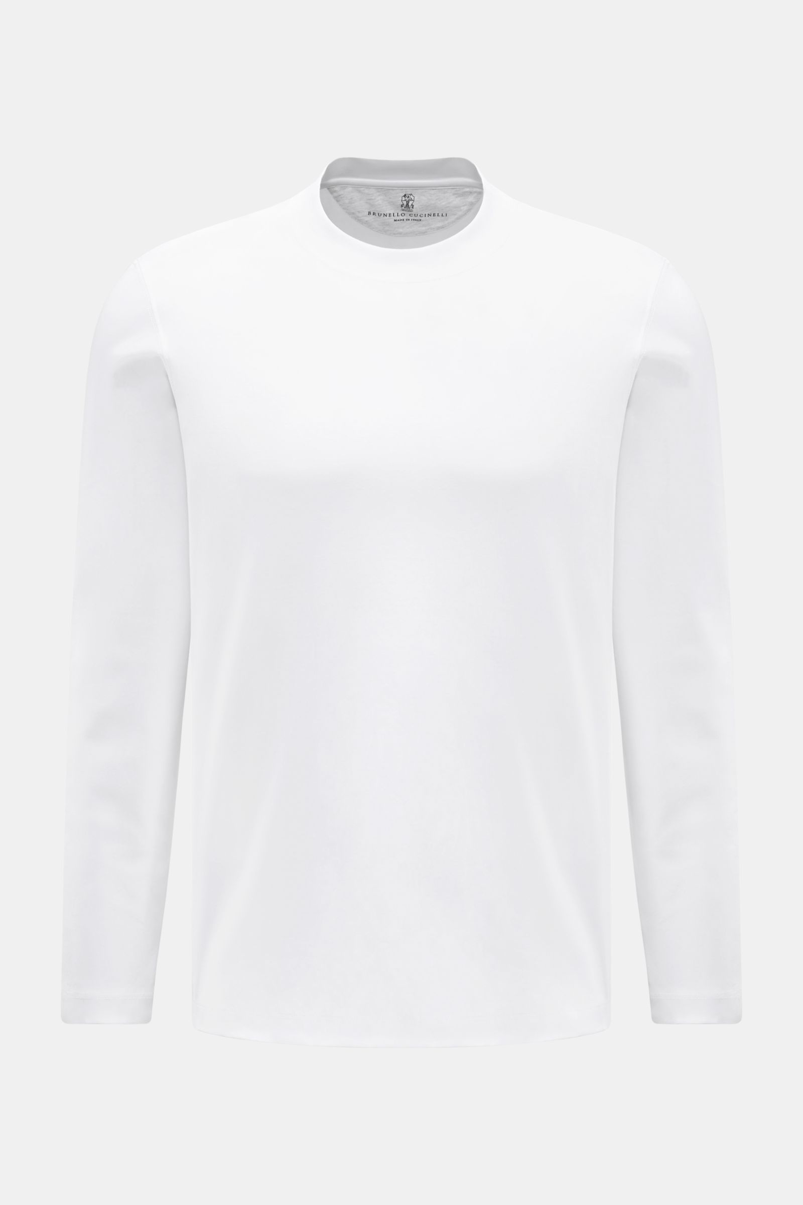 Weißes Brunello Cucinelli Rundhals-Longsleeve, frontale Ansicht, Slim Fit, weicher Baumwolljersey, Rundhalsausschnitt, kurze Saumschlitze, leichte Qualität.