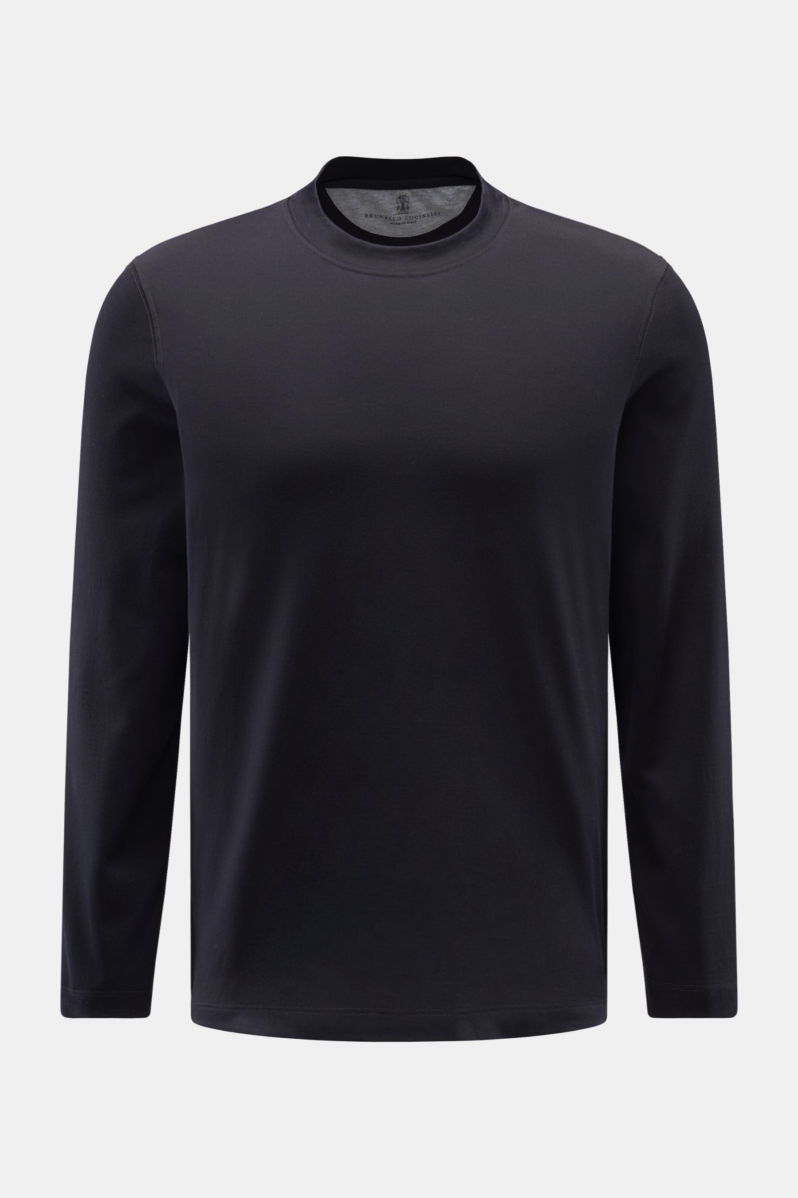 Brunello Cucinelli Rundhals-Longsleeve navy in Slim Fit, weicher Baumwolljersey, leichte Qualität, Rundhalsausschnitt, kurze Saumschlitze, Frontalansicht.