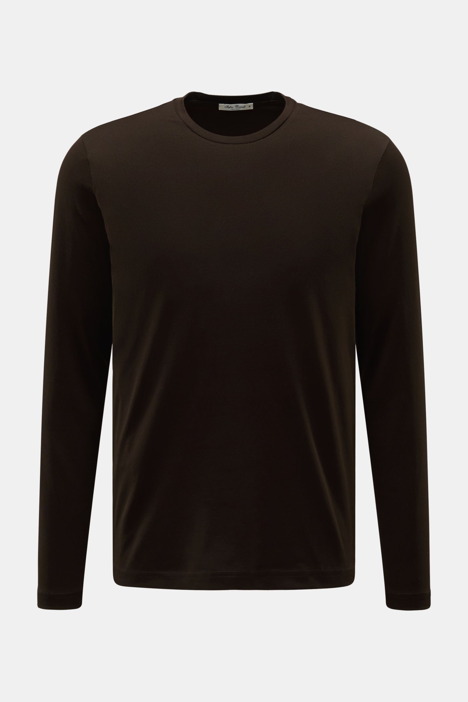 Stefan Brandt Crew neck long sleeve 'Enno' dark brown shown from the front on a plain background. With the long sleeve 'Enno' in fine cotton jersey, STEFAN BRANDT presents a timeless essential – well-made, durable and perfect for a stylish wardrobe. Pure 