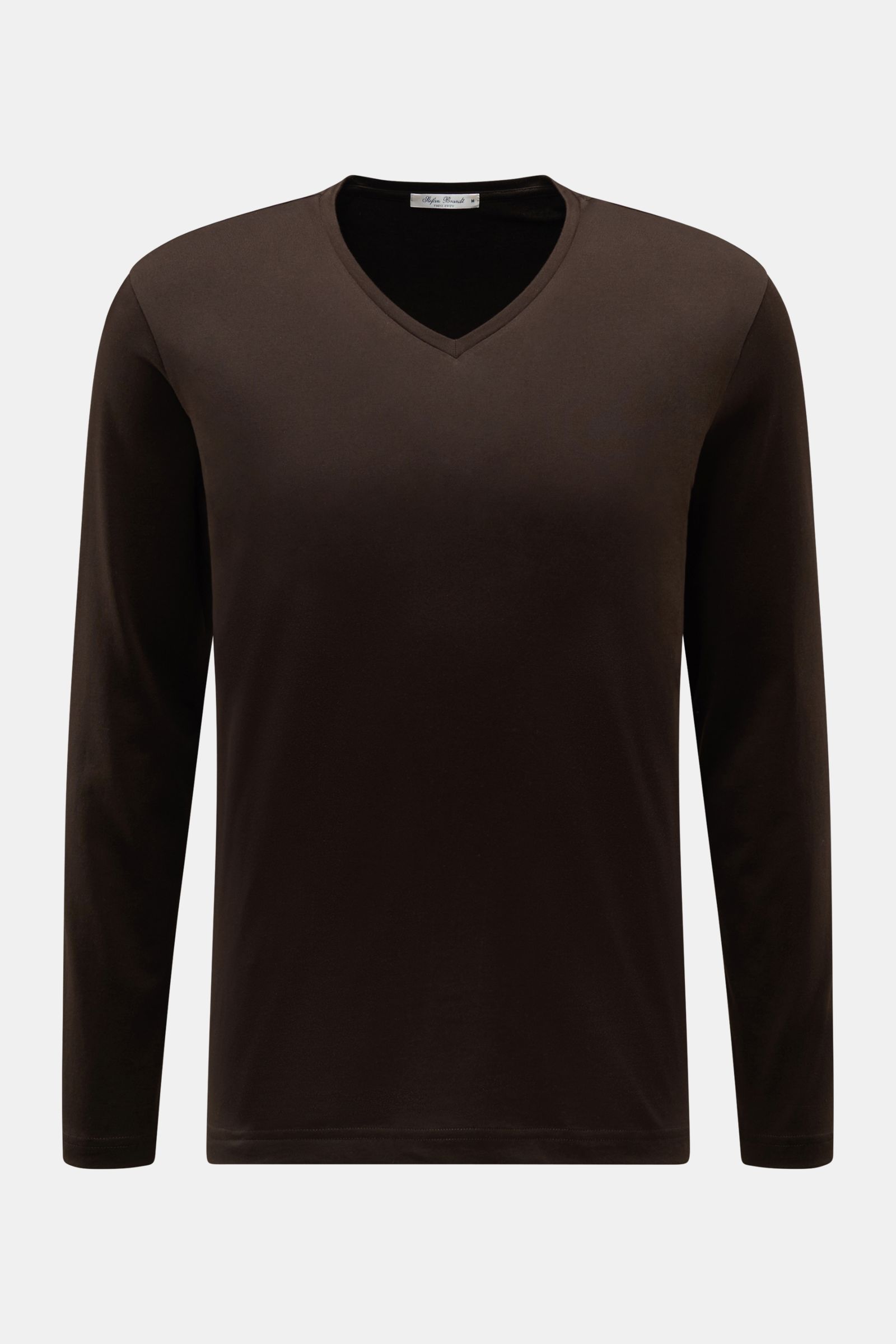 Stefan Brandt V-Neck Longsleeve 'Artur' dunkelbraun, frontale Nahaufnahme, Slim Fit, V-Ausschnitt, weiche Pima-Baumwolle, feine Jersey-Qualität.