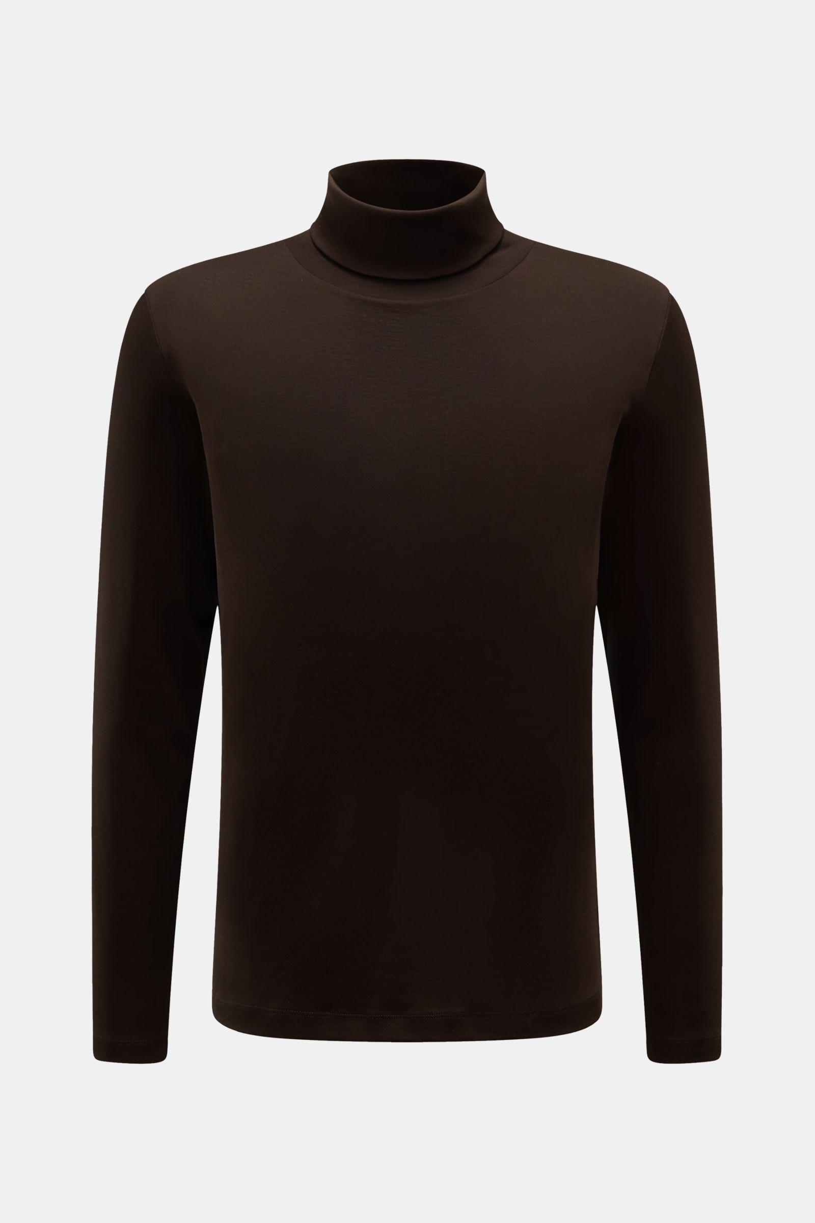 Stefan Brandt Rollkragen-Longsleeve 'Eli' dunkelbraun, Slim Fit, weicher Jersey aus reiner Pima-Baumwolle, von vorne fotografiert.
