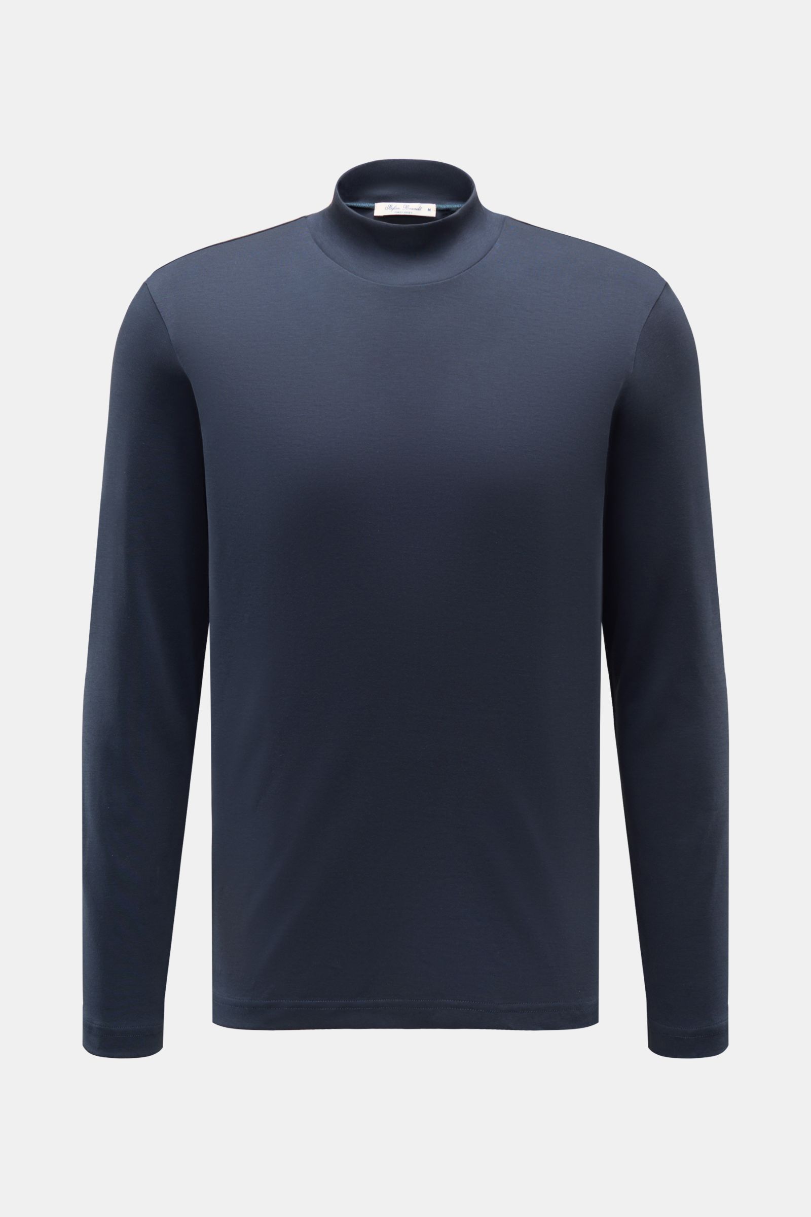 Stefan Brandt Longsleeve 'Eli' dunkelblau aus Pima-Baumwolle, Slim Fit mit Stehkragen, frontale Nahaufnahme, weicher Griff.
