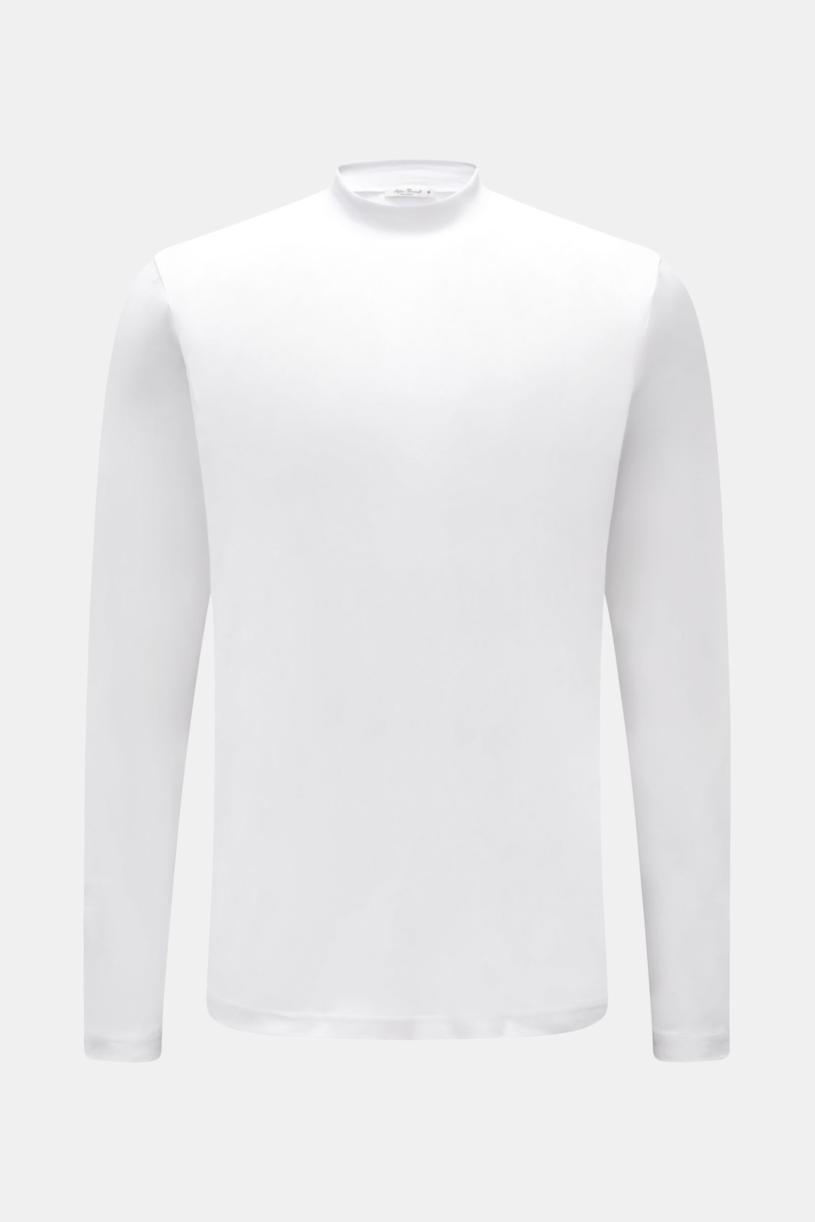 Stefan Brandt Longsleeve 'Eli' weiß, Slim Fit, aus weichem Pima-Baumwoll-Jersey mit Stehkragen, frontale Produktaufnahme.