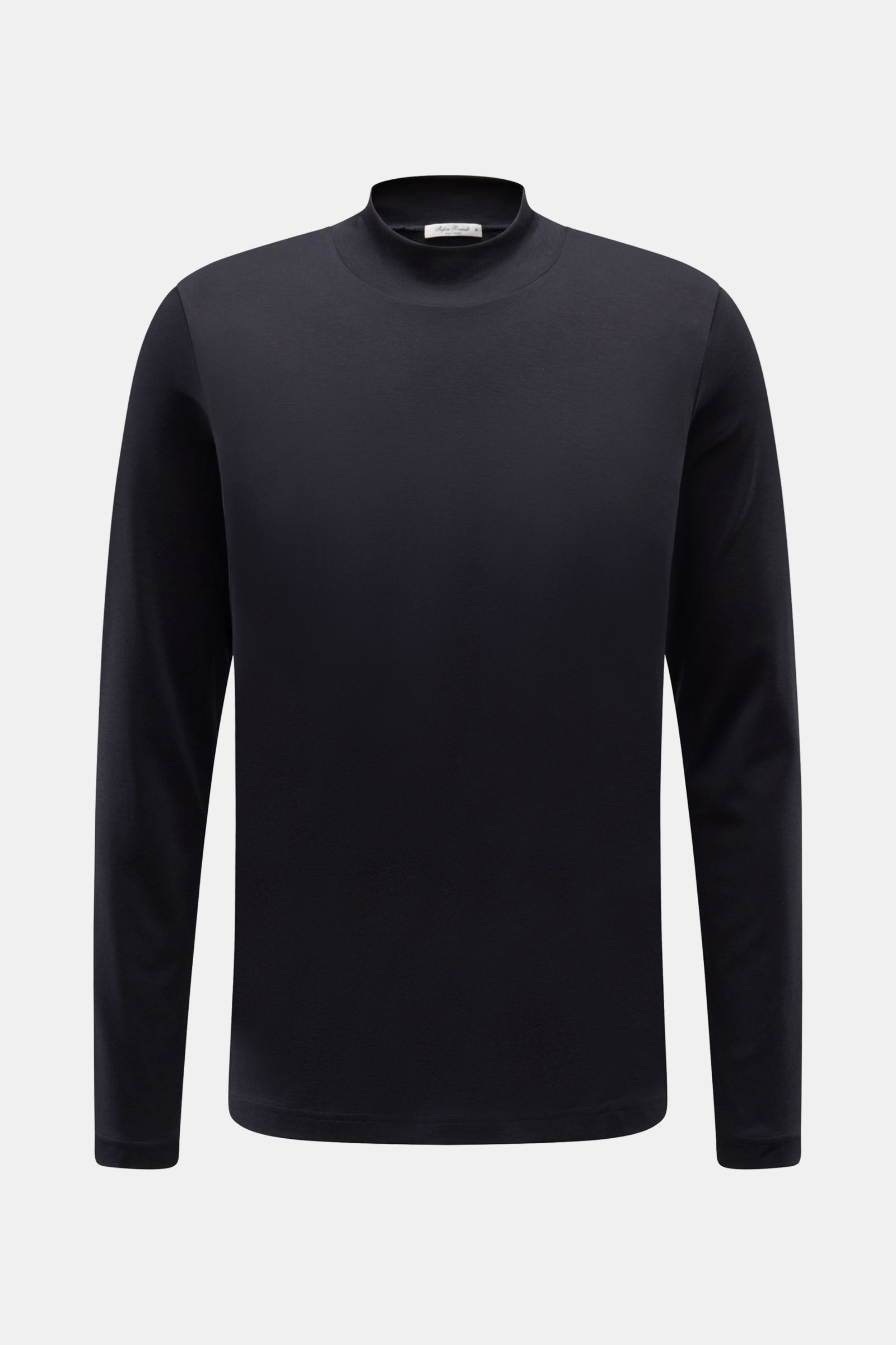 Stefan Brandt Longsleeve 'Eli' dark navy frontal fotografiert, Slim Fit aus weichem Pima-Baumwoll-Jersey mit Stehkragen.