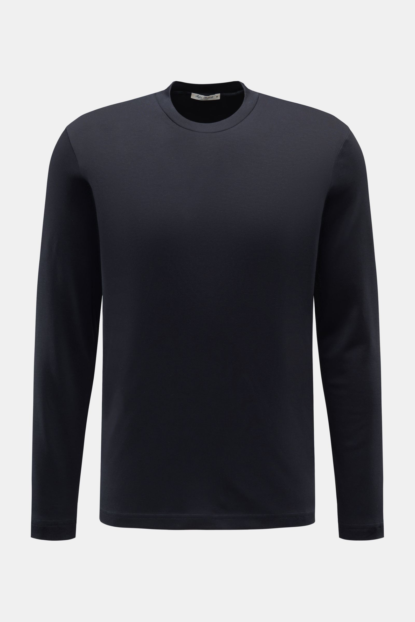 Frontansicht des Stefan Brandt Rundhals-Longsleeve 'Sea Island Eli' dark navy aus weichem Jersey, Slim Fit, Sea-Island-Baumwolle, Rundhalsausschnitt.