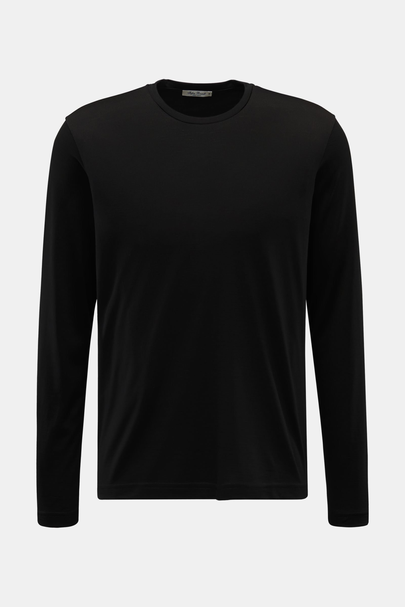 Front view of Stefan Brandt Merino crew neck long sleeve 'Enno' black, made of pure merino wool, fine jersey fabric, slim fit, soft and smooth feel, classic crew neck, a timeless essential that keeps its shape and can be tumble dried.