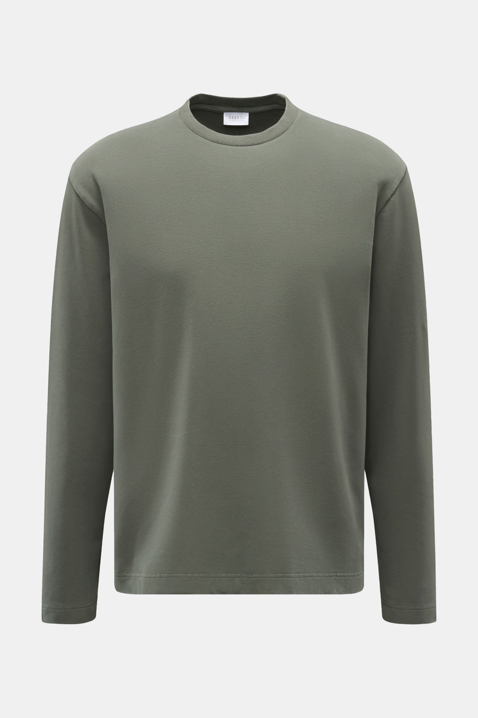 04651/ A trip in a bag Rundhals-Longsleeve 'If Tee' graugrün, Frontansicht, Oversized Fit, elastischer Baumwolljersey, weicher Griff, Weblabel in der Seitennaht.