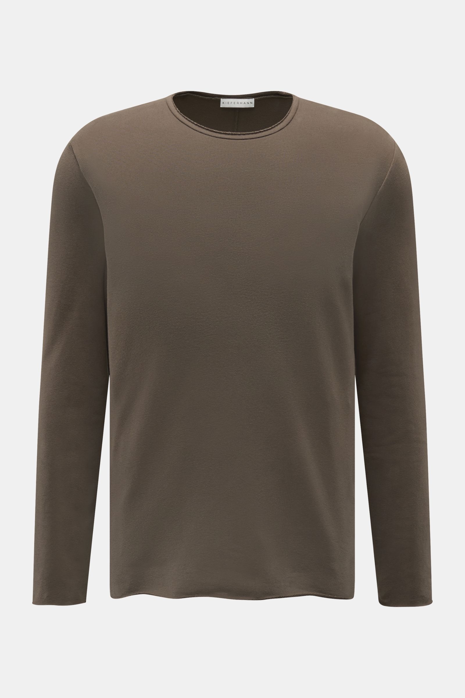 Kiefermann Rundhals-Longsleeve 'Frankon' dark olive, Slim Fit, leichter Baumwoll-Sweat, offene rollierte Kanten, Frontansicht, softer Griff.