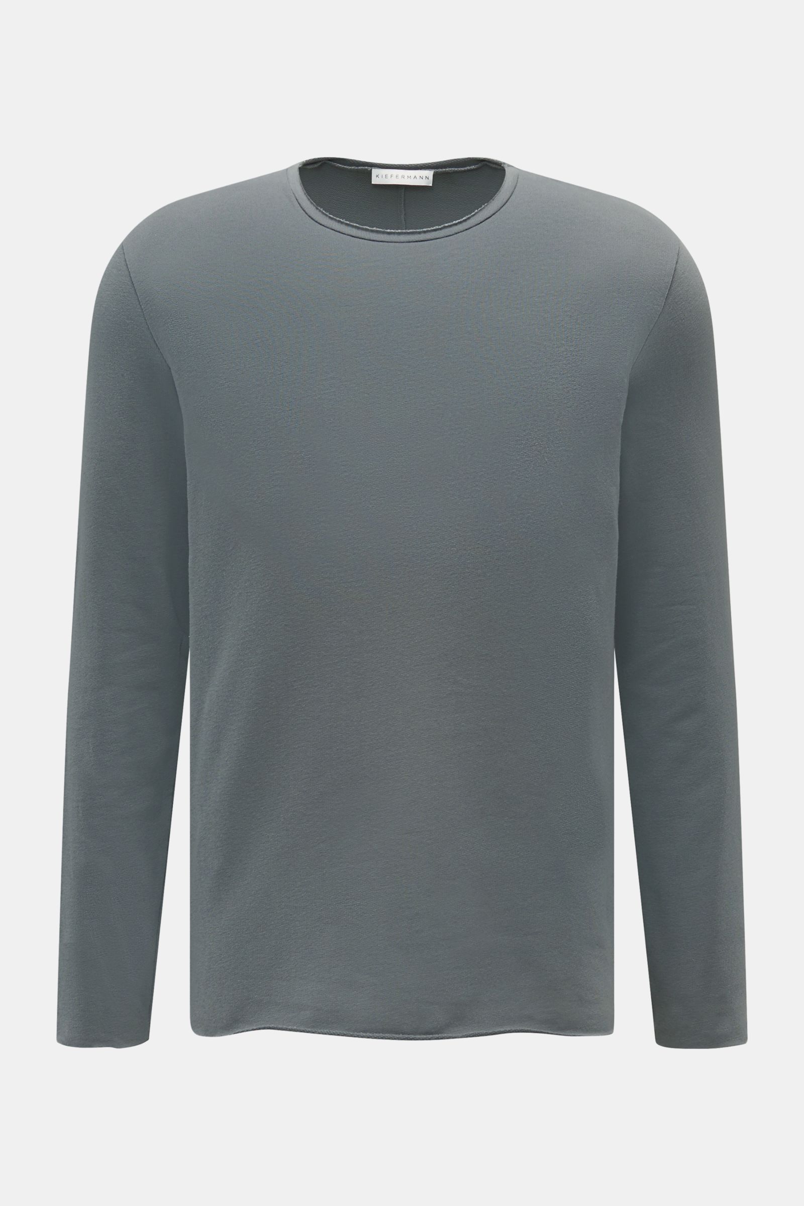 Kiefermann Rundhals-Longsleeve 'Frankon' graublau, Slim Fit, aus leichtem Baumwoll-Sweat, elastisch, weiche Haptik, offene rollierte Kanten, frontal fotografiert.