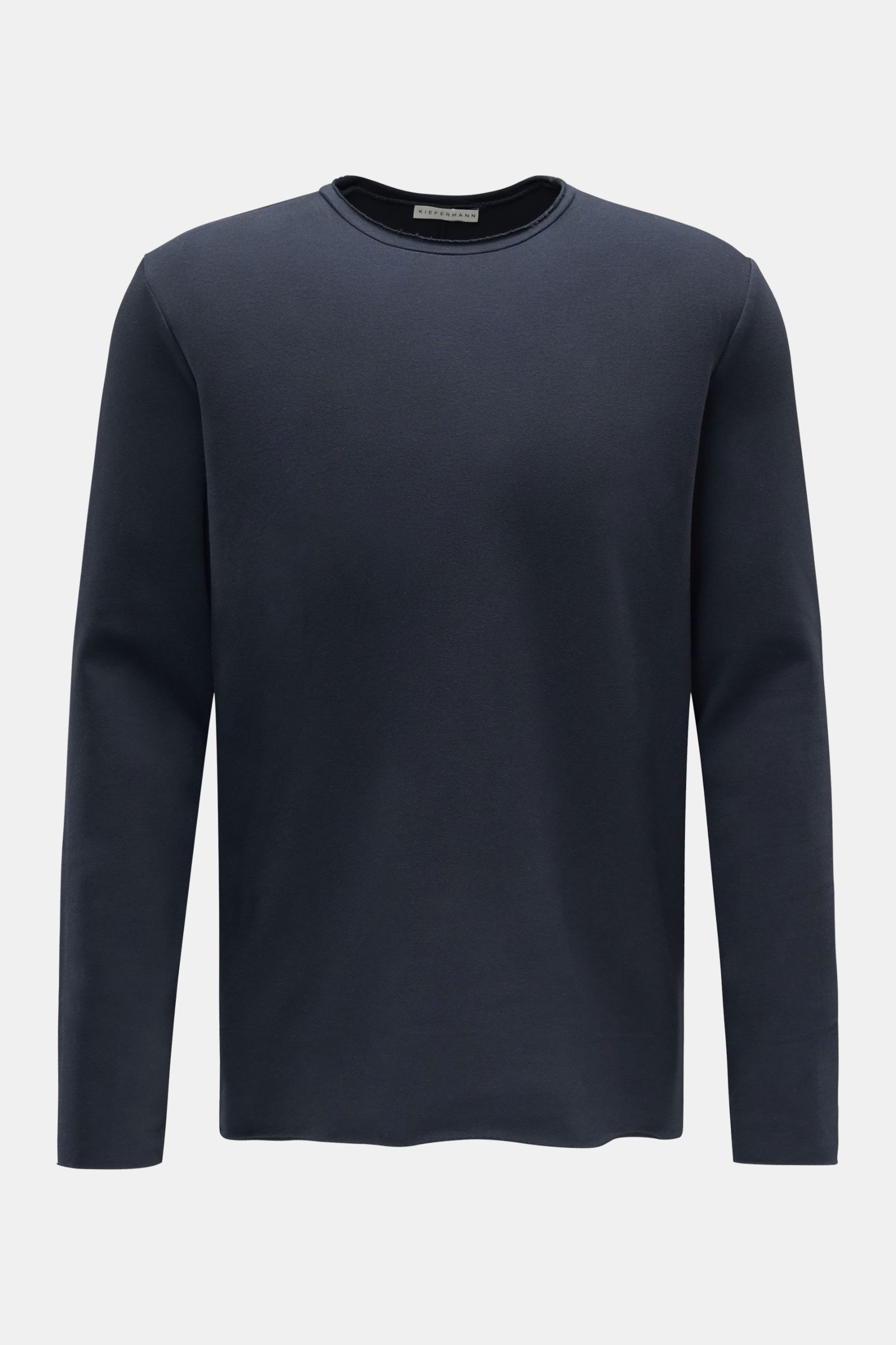 Kiefermann Rundhals-Longsleeve 'Frankon' navy, slim Fit, leichter Baumwoll-Sweat, weiche Haptik, offene rollierte Kanten, frontale Nahaufnahme.