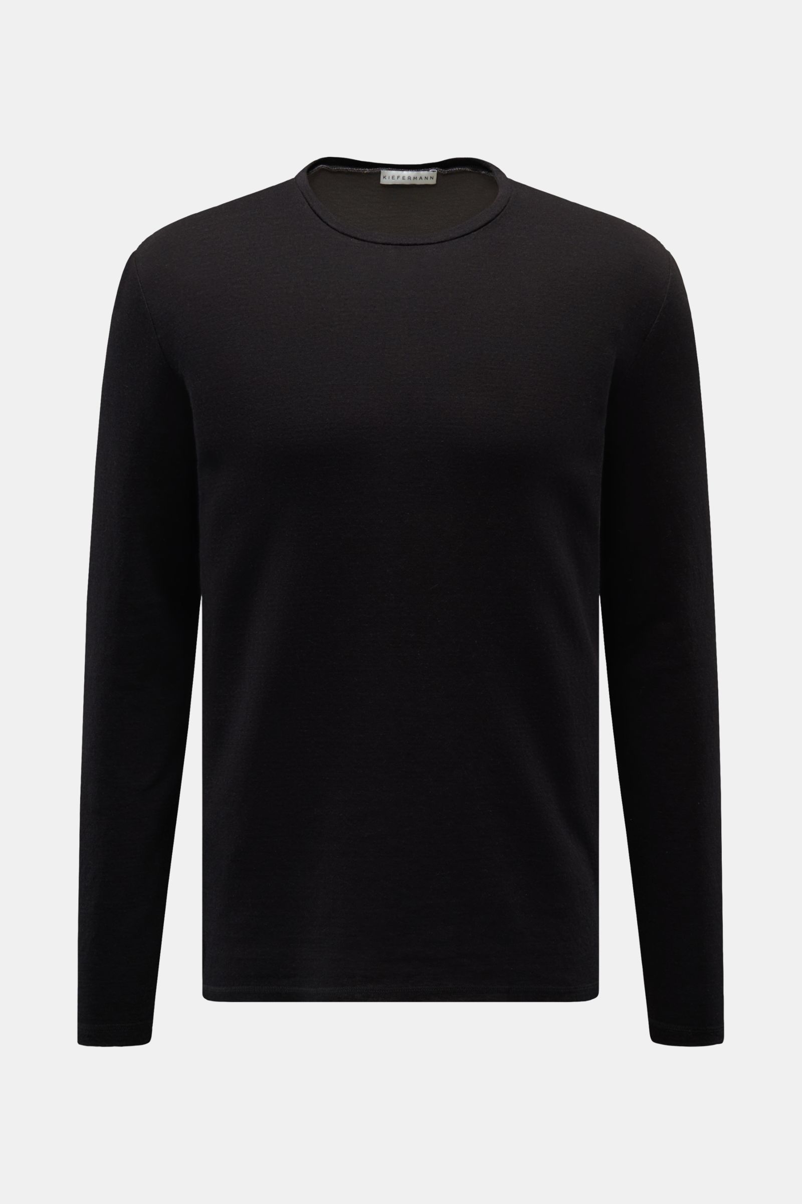 Kiefermann Longsleeve 'Jeldrik' schwarz, frontal fotografiert, aus Baumwolle und Cashmere, Regular Fit, Rundhalsausschnitt, offene Saumkanten, weicher Griff, legeres Basic-Shirt.