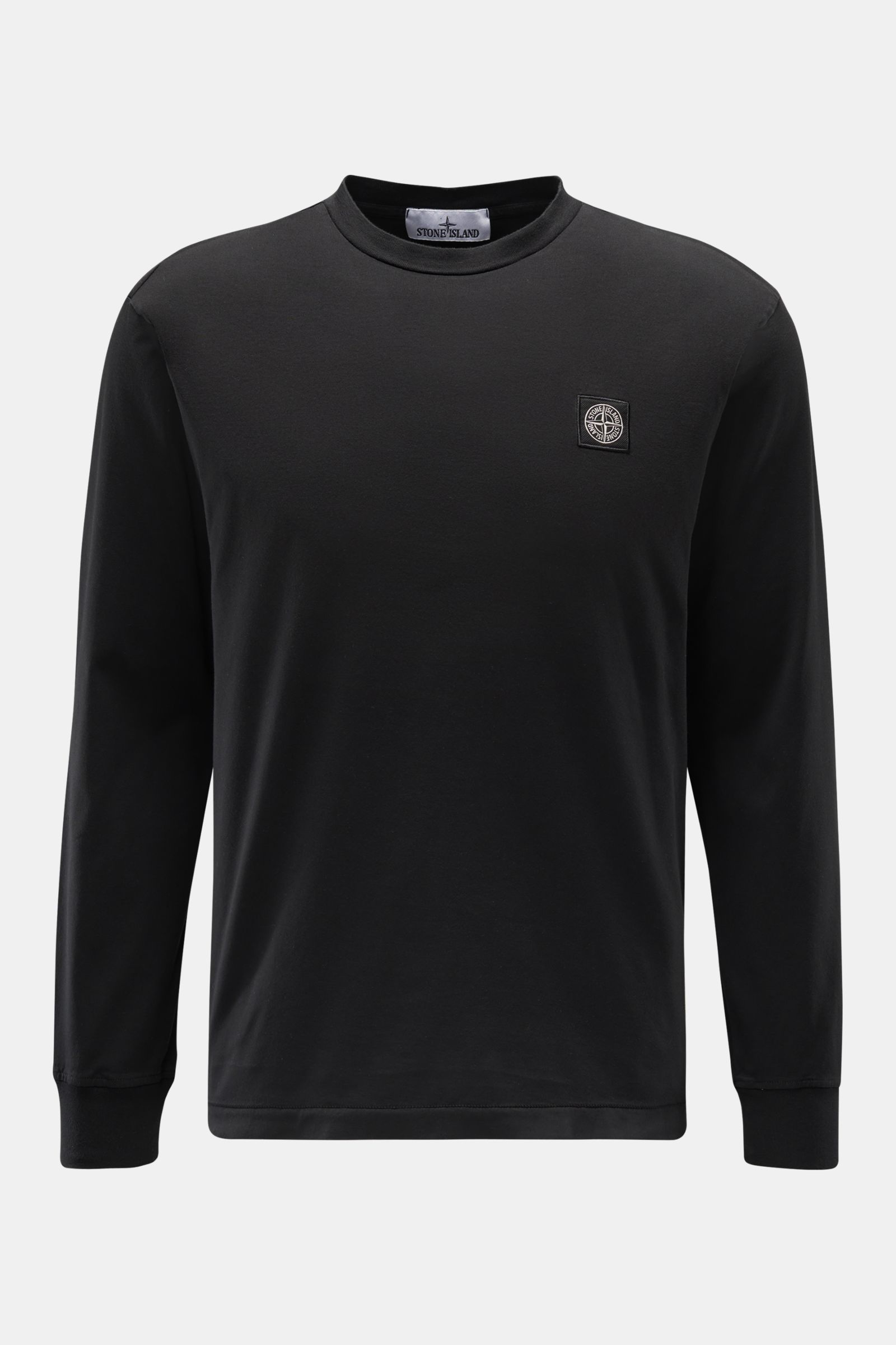 Stone Island Rundhals-Longsleeve 'Basic Cotton' navy, Slim Fit, reine Baumwolle, weicher Griff, Rundhalsausschnitt, Weblabel Brust, Rippbündchen Ärmel, frontale Perspektive.