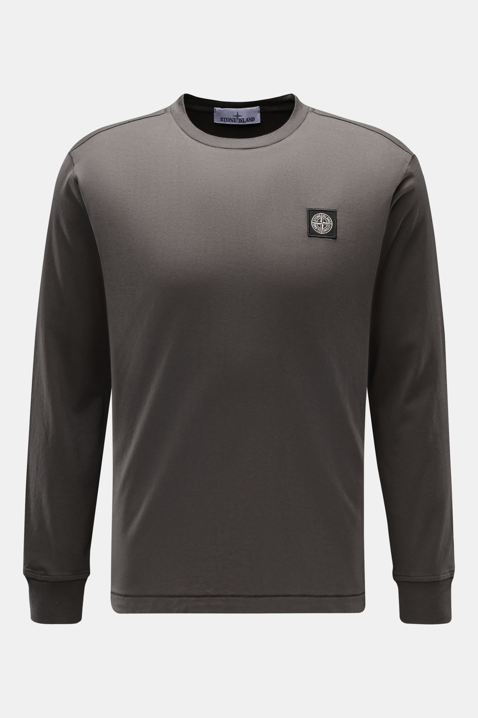 Front view of Stone Island Rundhals-Longsleeve 'Basic Cotton' dunkelgrau in dark gray, slim fit, soft pure cotton with ribbed cuffs and chest web label.