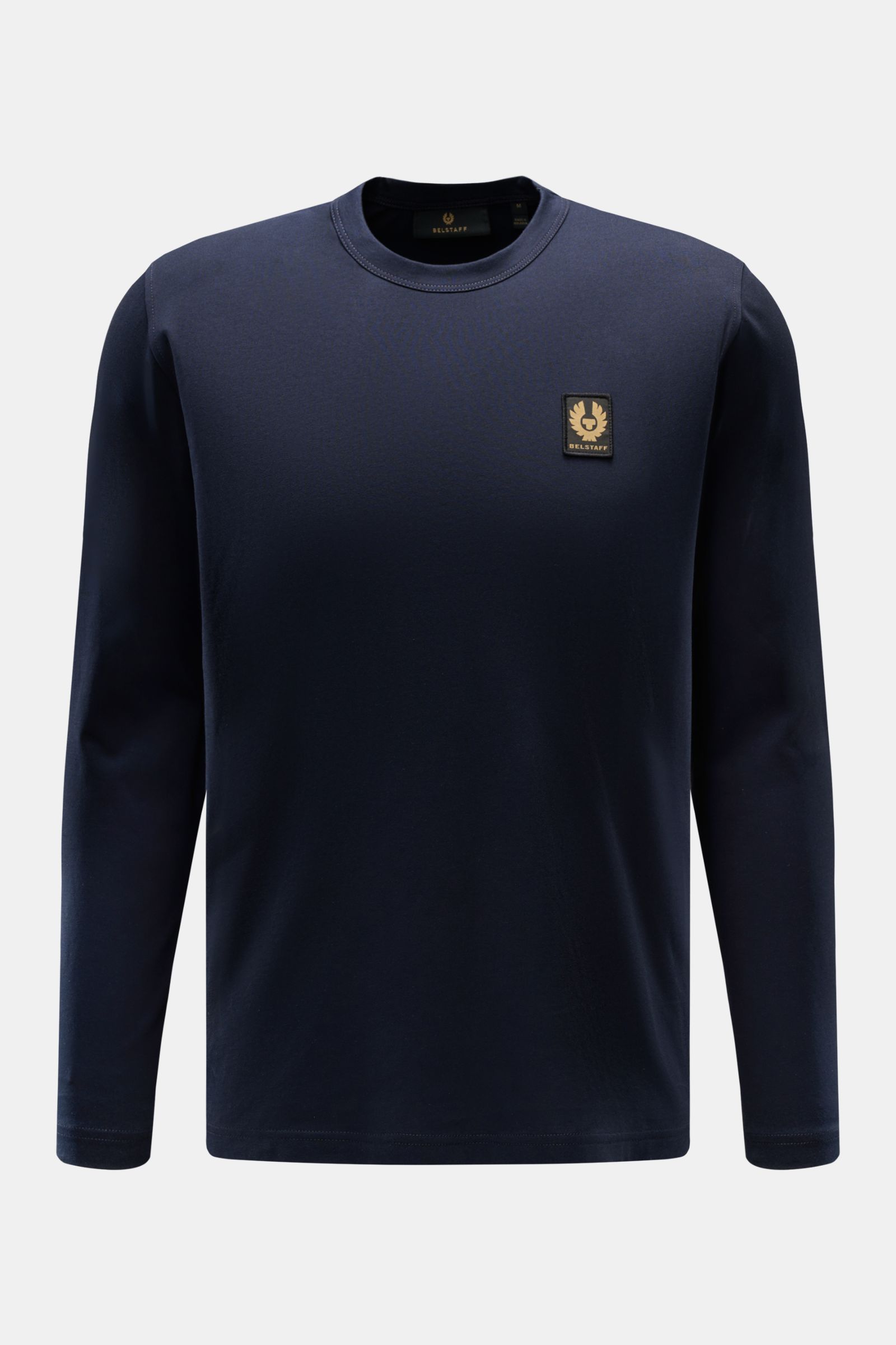 Belstaff Rundhals-Longsleeve navy aus leichtem Baumwolljersey, Slim Fit mit Rundhalsausschnitt, Frontansicht, BELSTAFF-Weblabel auf der Brust.