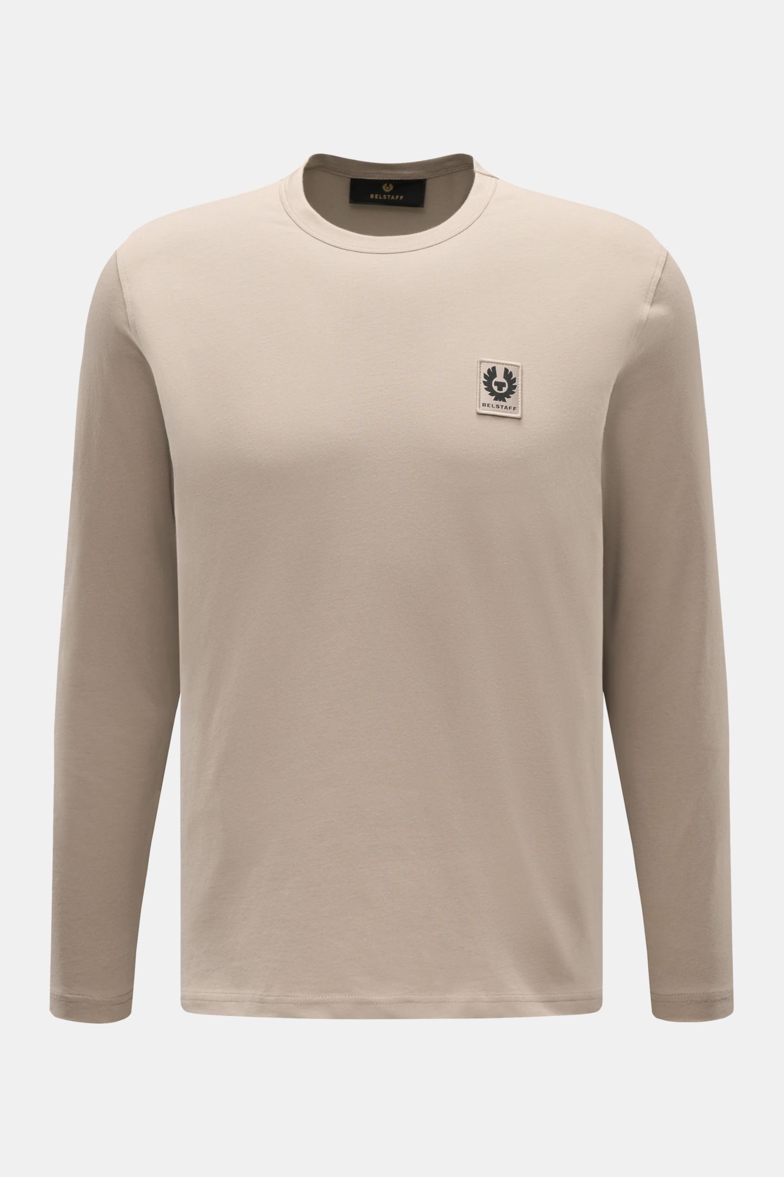 Belstaff Rundhals-Longsleeve beige aus leichtem Baumwolljersey, Slim Fit, mit Rundhals und BELSTAFF-Weblabel auf der Brust, Vorderansicht.