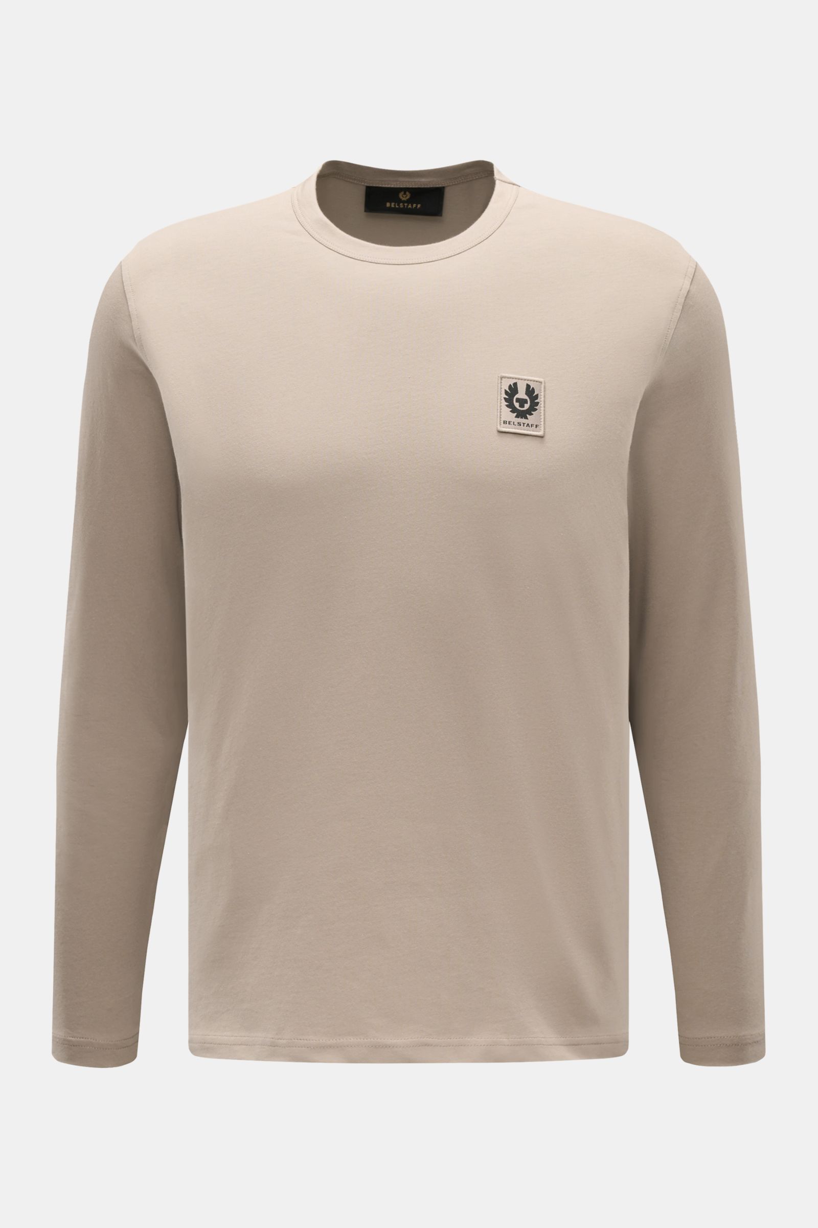 Front view of Belstaff Crew neck long sleeve beige top in lightweight cotton jersey with slim fit and chest logo patch.

Description: Lightweight cotton jersey as a starting point for everyday comfort: This classic crew neck long sleeve top from British l
