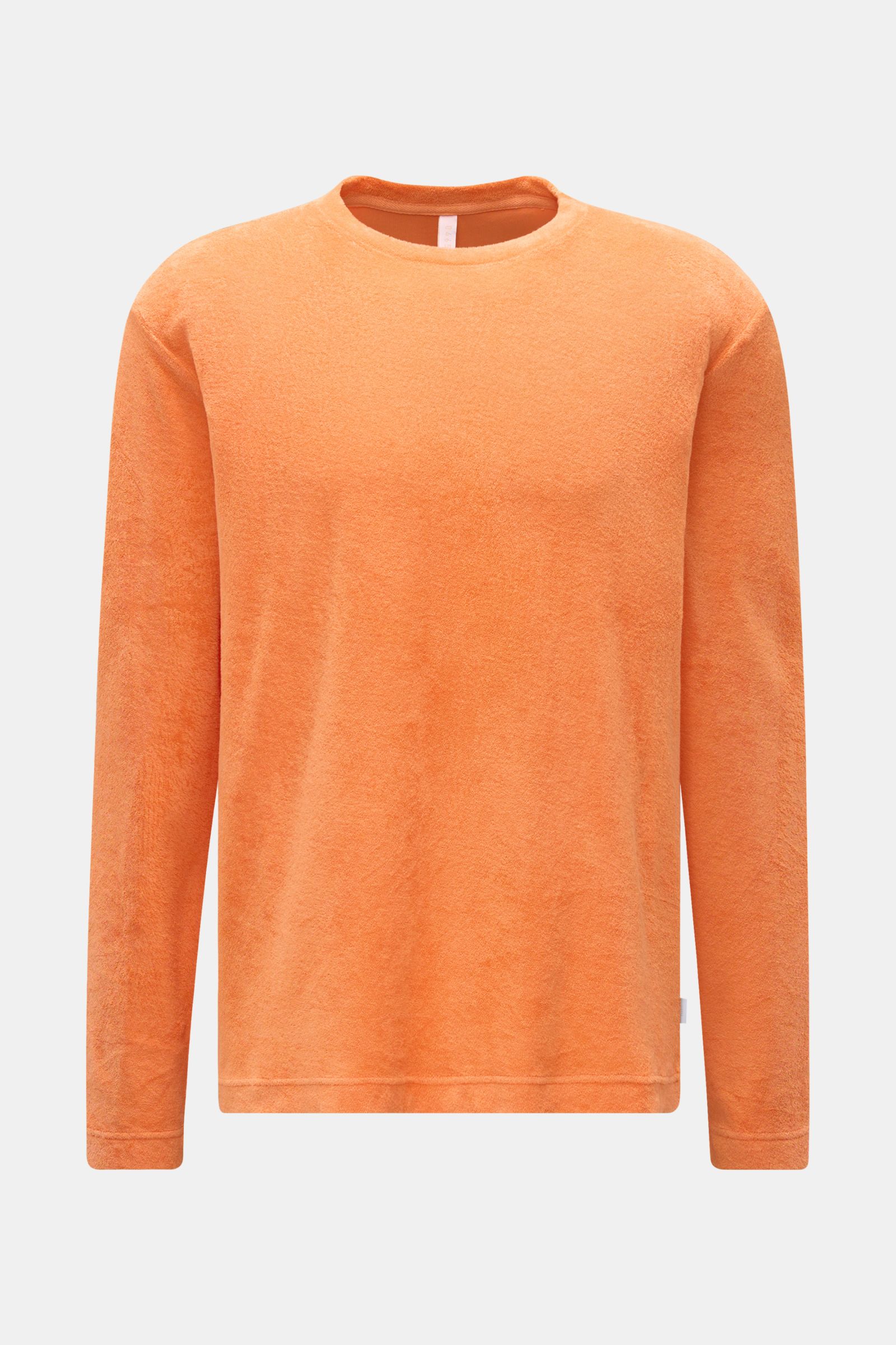 04651/ A trip in a bag Frottee Rundhals-Longsleeve 'Terry Tee' orange, frontal fotografiert, weich, Regular Fit, Baumwoll-Frottee, kleines Weblabel, Rundhals.