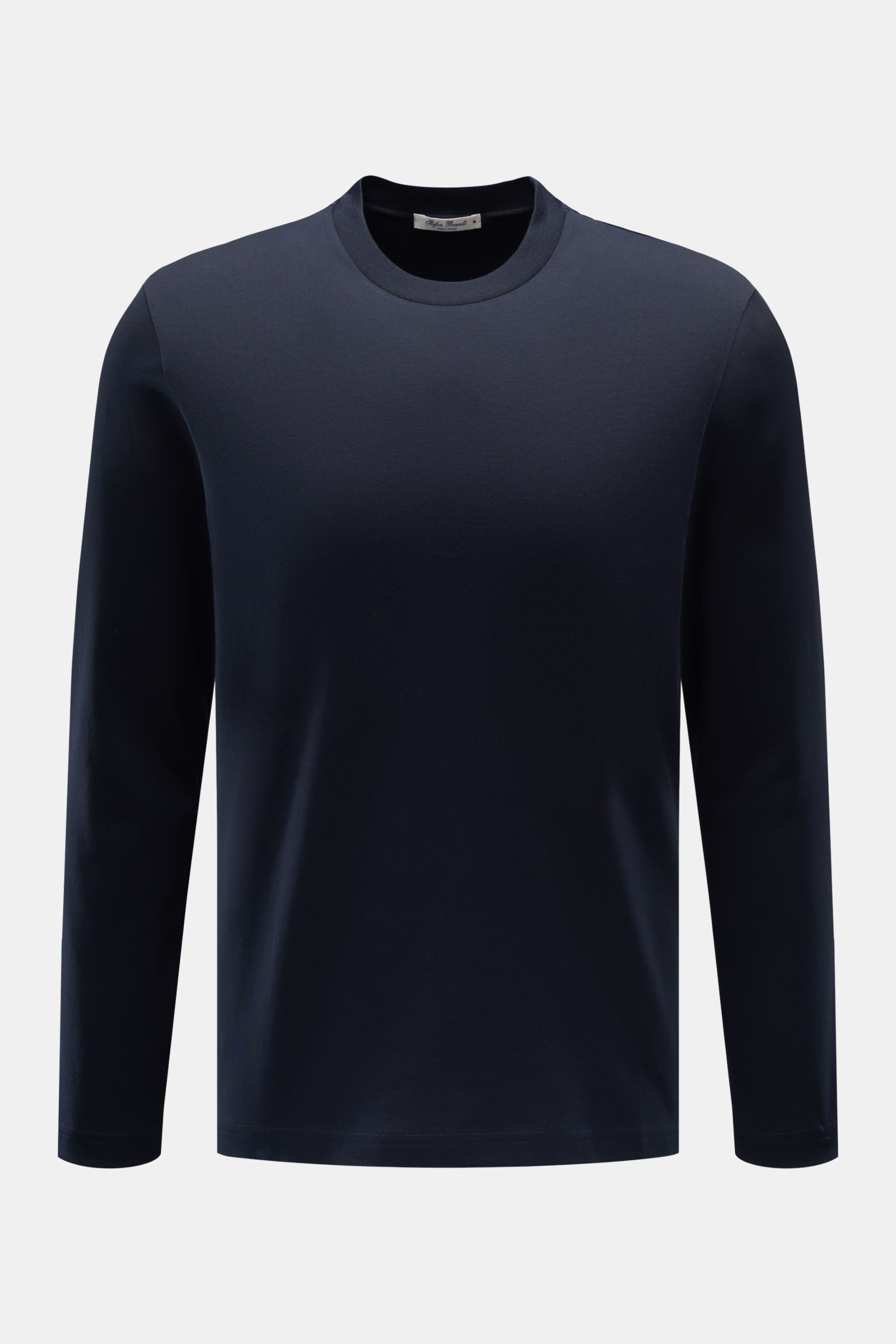 Stefan Brandt Rundhals-Longsleeve 'Eli' dark navy, frontale Nahaufnahme, Slim Fit, biologische Pima-Baumwolle, feine Jersey-Qualität, sehr weicher, seidiger Griff, Rundhalsausschnitt.