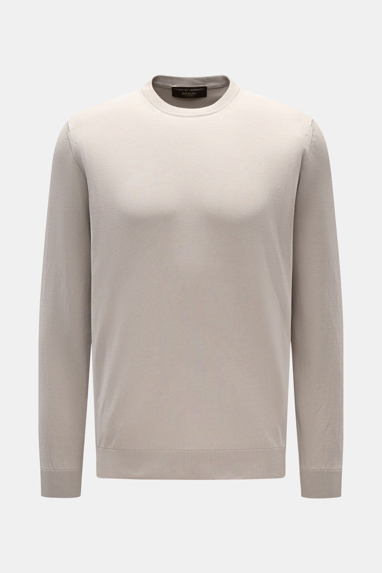 Filippo de Laurentiis Rundhalspullover hellgrau, slim fit, feines Strickbild, Rundhalsausschnitt, weiche Baumwolle, frontale Ansicht, komfortable Bündchen.