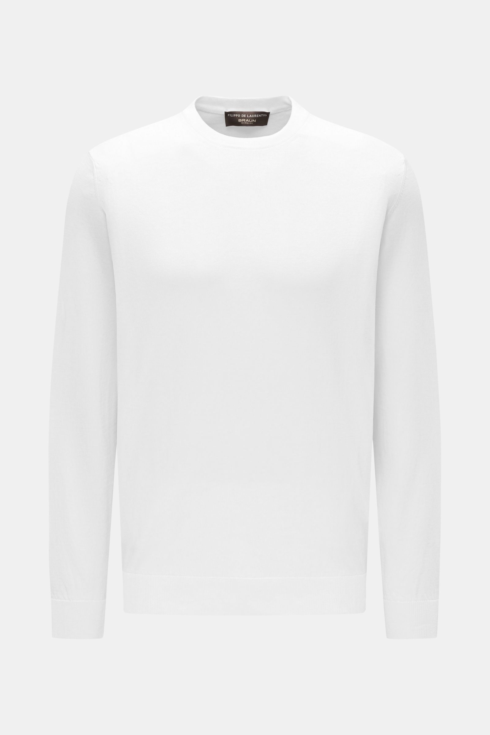 Filippo de Laurentiis Rundhalspullover weiß, leichter Baumwoll-Strick, Slim Fit, feines Strickbild, Rundhalsausschnitt, komfortable Bündchen, frontal fotografiert.