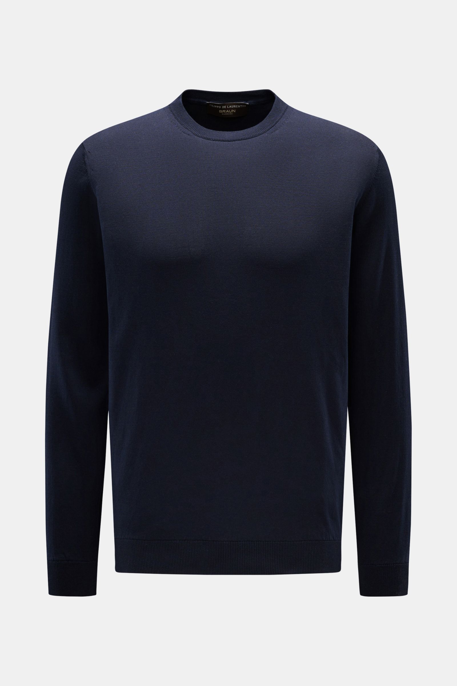 Filippo de Laurentiis Rundhalspullover navy, frontale Ansicht, sommerliche Knitwear aus reiner Baumwolle, Slim Fit, weicher Griff, feines Strickbild, Rundhalsausschnitt, komfortable Bündchen.