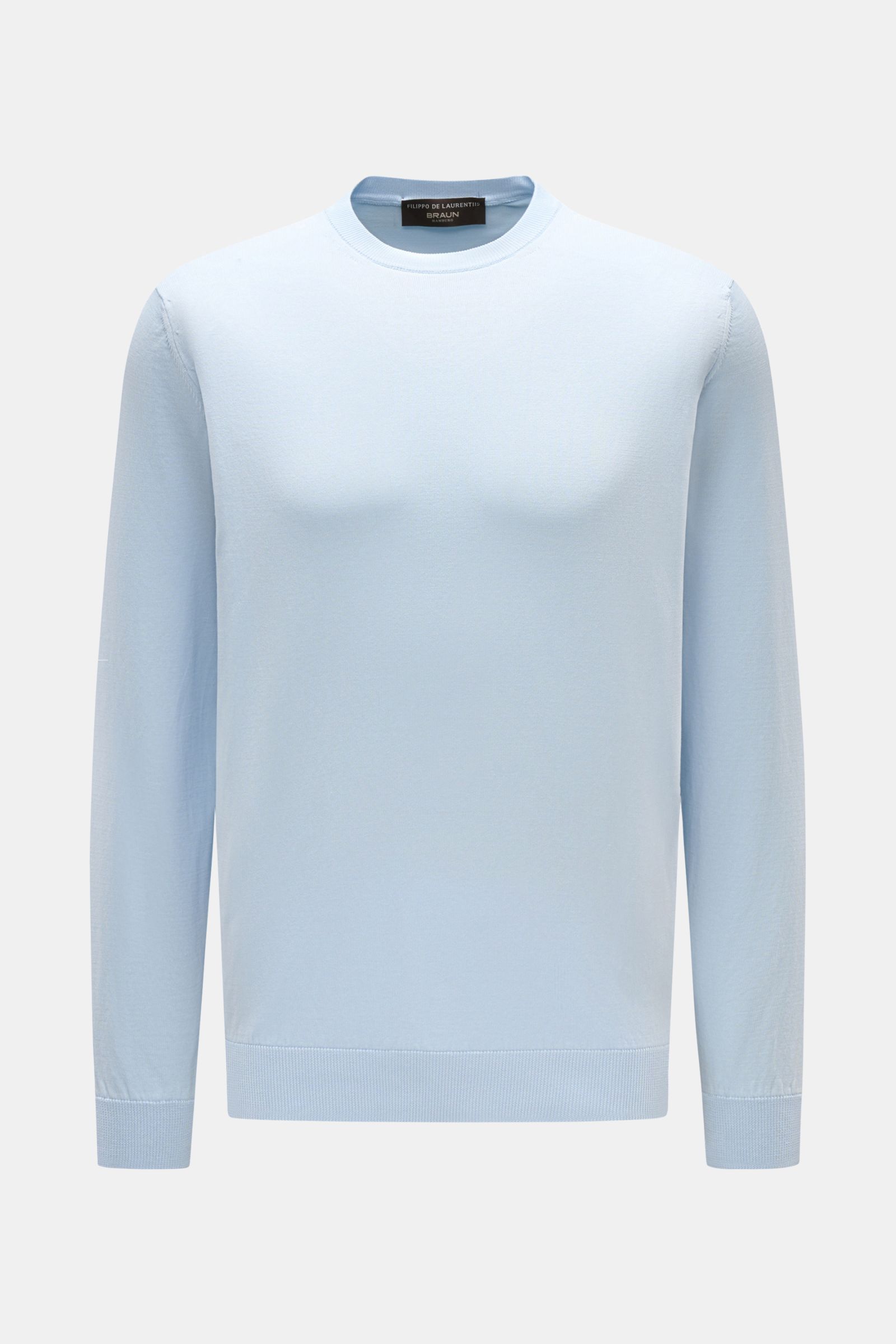 Front view of a pastel blue Filippo de Laurentiis Rundhalspullover pastellblau, lightweight cotton knit with slim fit, round neckline, soft texture, fine knit, and comfortable cuffs. Sommerliche Knitwear: Mit diesem leichten Pullover aus reiner Baumwolle 