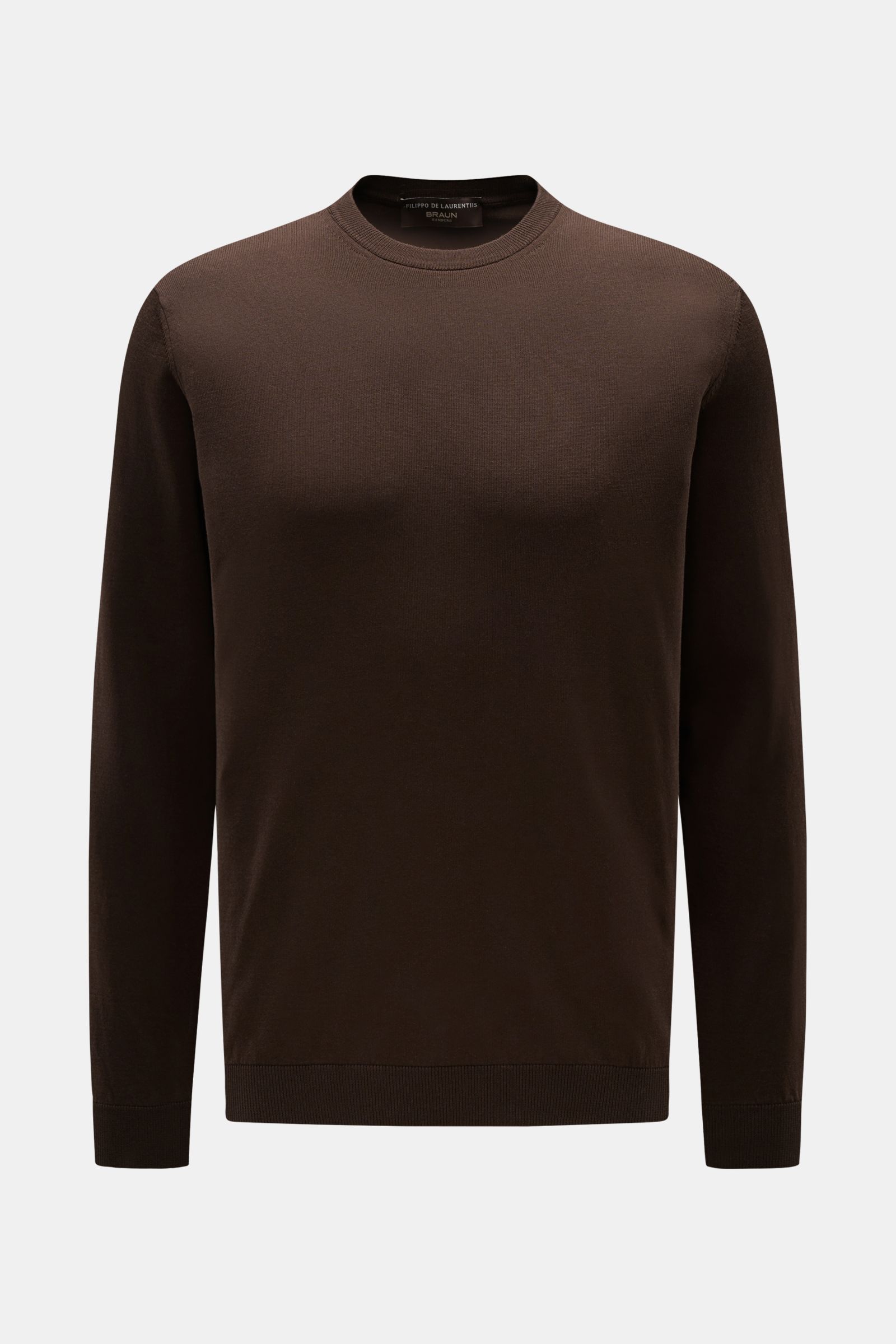 Front view of Filippo de Laurentiis Crew neck jumper dark brown, slim fit with crew neck, soft pure cotton knit, fine texture, and comfortable bands. 

Summery knitwear: With this lightweight jumper in pure cotton, FILIPPO DE LAURENTIIS presents a comf