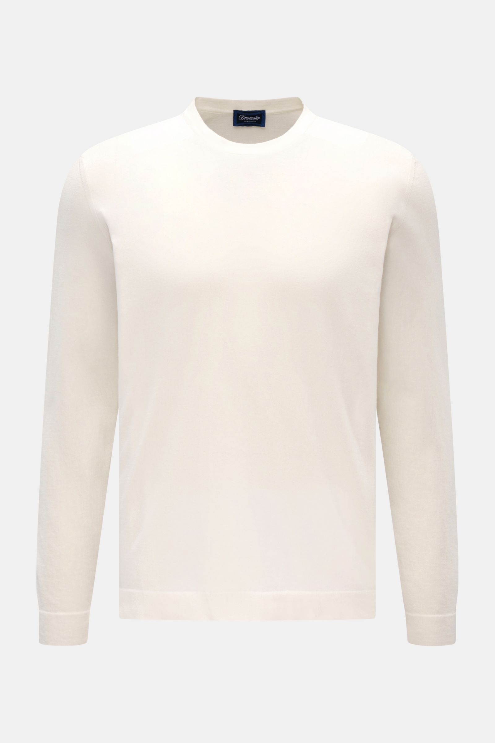 Drumohr Feinstrickpullover weiß, Slim Fit, Rundhalsausschnitt, feiner Baumwollstrick, weicher Griff, flache Bündchen, leichte Qualität, frontal fotografiert.
