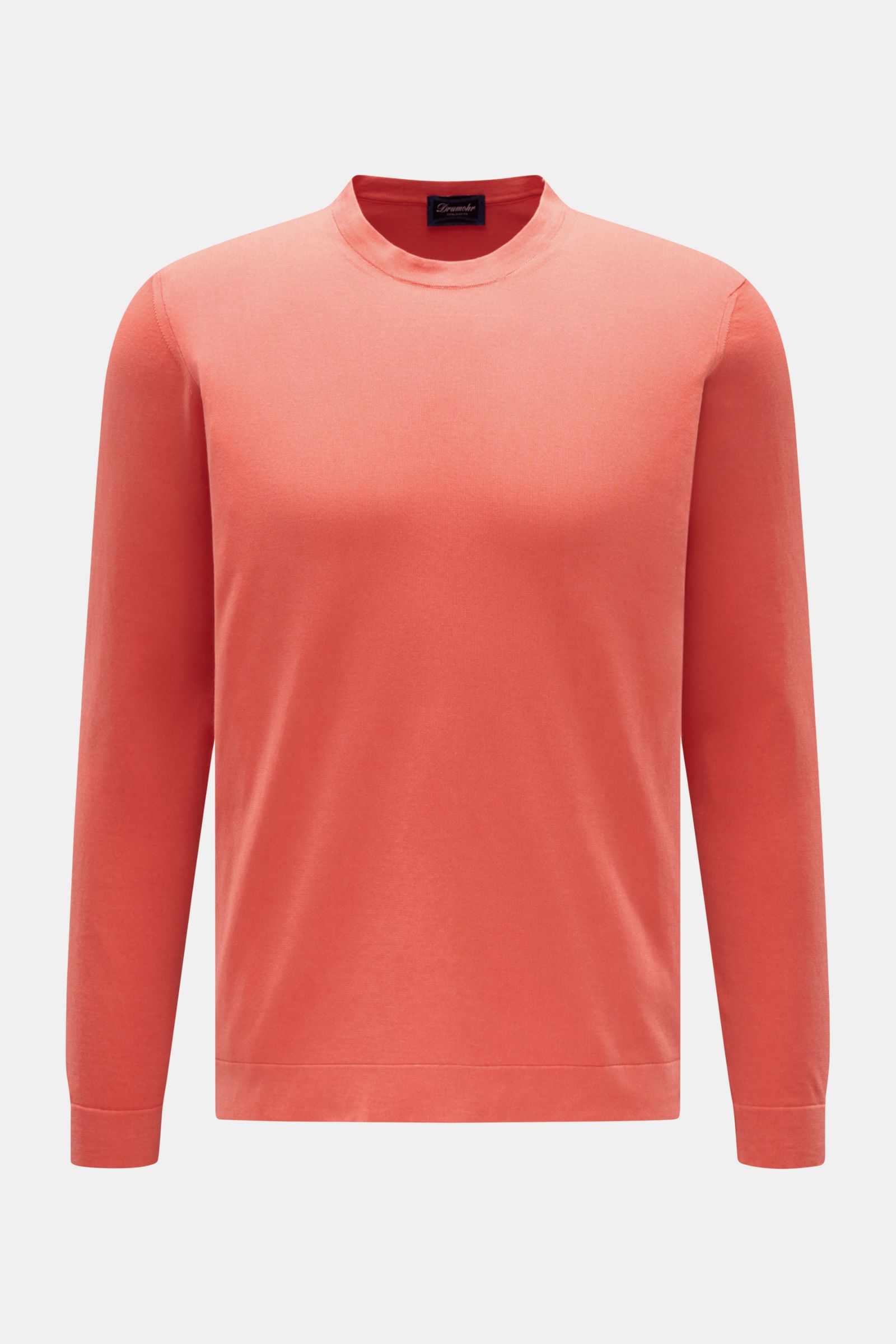 Drumohr Feinstrickpullover hellrot, Slim Fit, aus ultra feiner Baumwolle, Rundhalsausschnitt, flache Bündchen, frontal fotografiert.