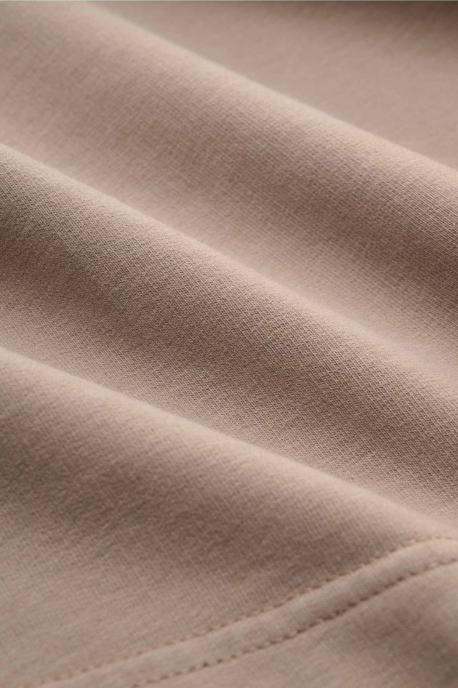 Nahaufnahme des taupefarbenen Jersey-Stoffs des 04651/ A trip in a bag Rundhals-Longsleeve 'If Tee' mit weichem Griff und schwerer Qualität.