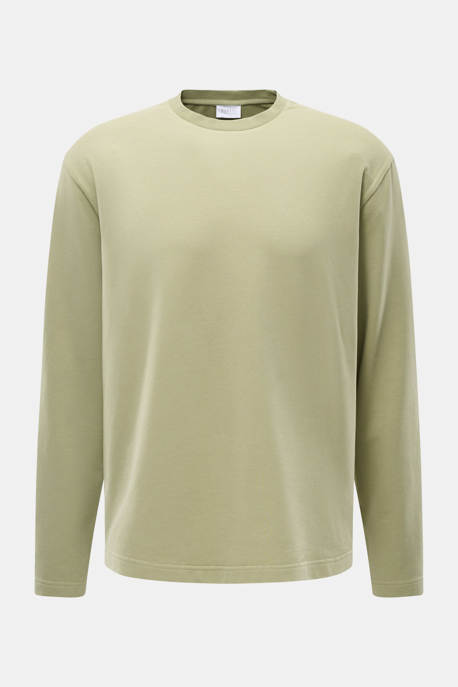 04651/ A trip in a bag Rundhals-Longsleeve 'If Tee' salbei, frontal fotografiert, Oversized Fit, weicher Jersey aus Baumwolle, Rundhalsausschnitt, Weblabel in Seitennaht.