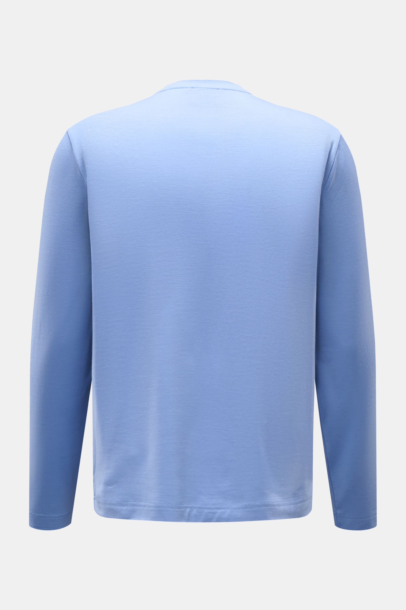 Back view of the 04651/ A trip in a bag Merino Longsleeve rauchblau in soft, elastic Merino wool with a regular fit, round neckline, and short hem slits. Vielseitiges Basic: Das Merino Longsleeve aus der 'Look of the Games' Capsule von 04651/ A TRIP IN A 